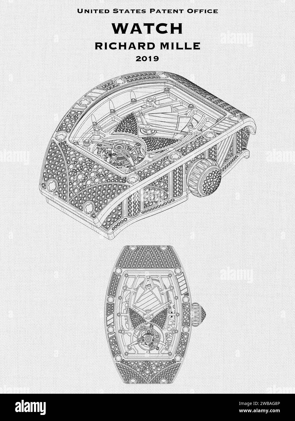 US-Patentamt Design für eine Luxusuhr von Richard Mille auf weißem Hintergrund Stockfoto