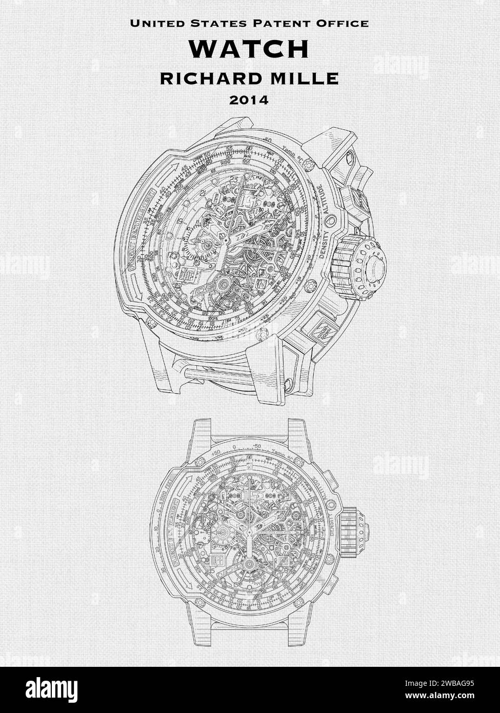 US-Patentamt Design für eine Luxusuhr von Richard Mille auf weißem Hintergrund Stockfoto