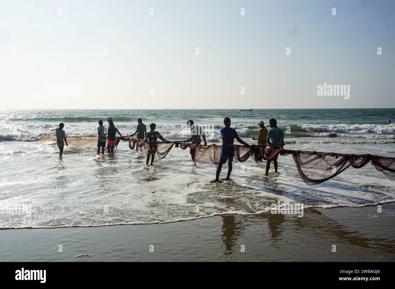 Fischer am Strand von Benaulim im indischen Goa ziehen ihre Netze an Land und sortieren den Fang Stockfoto