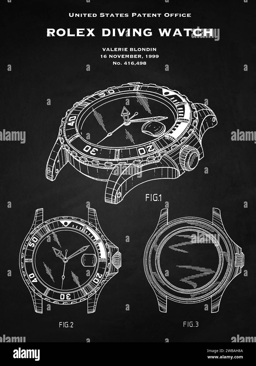 US-Patentamt Design einer Rolex Taucheruhr aus dem Jahr 1999 auf schwarzem Hintergrund Stockfoto