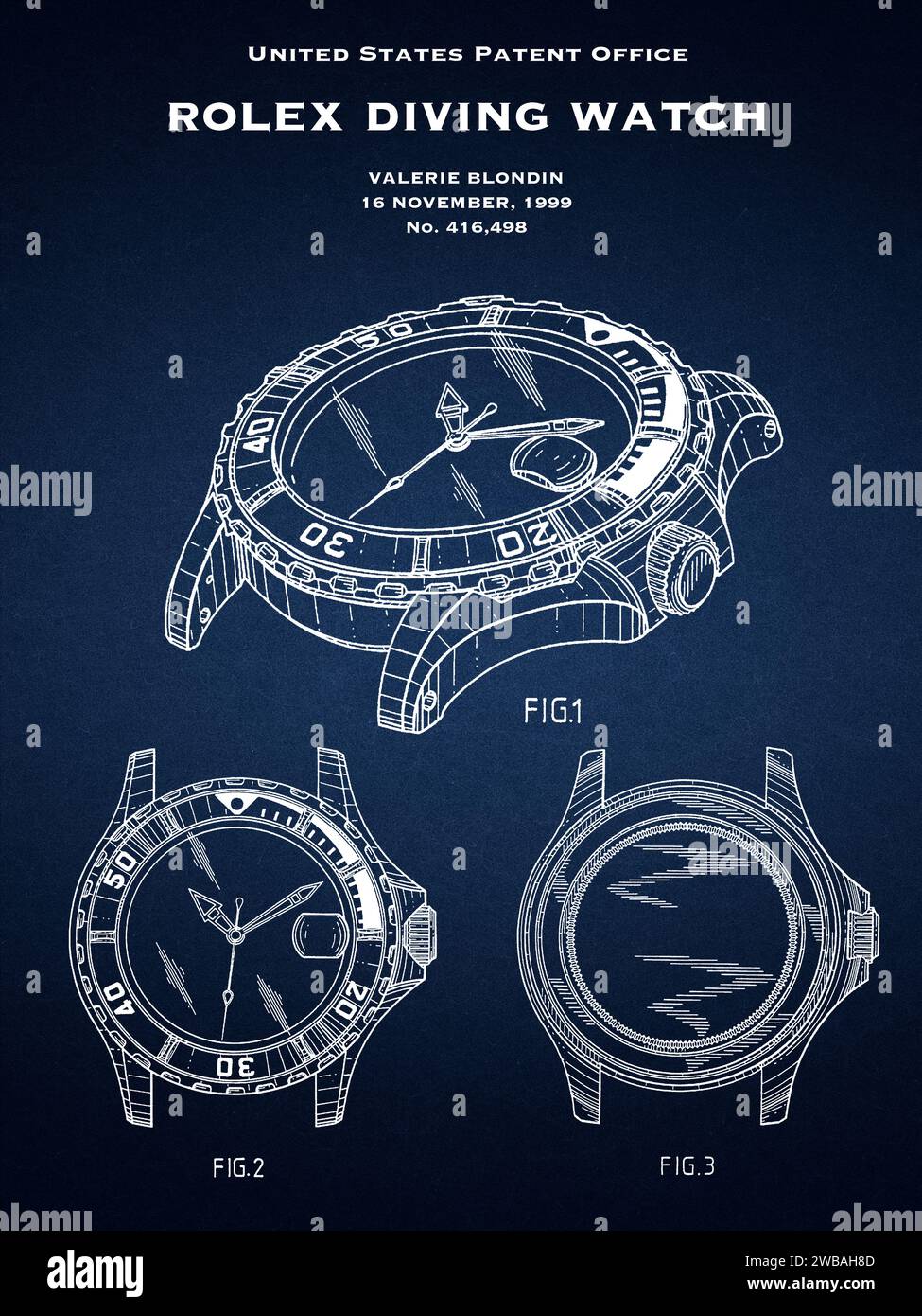 US-Patentamt Design einer Rolex Taucheruhr aus dem Jahr 1999 auf blauem Hintergrund Stockfoto