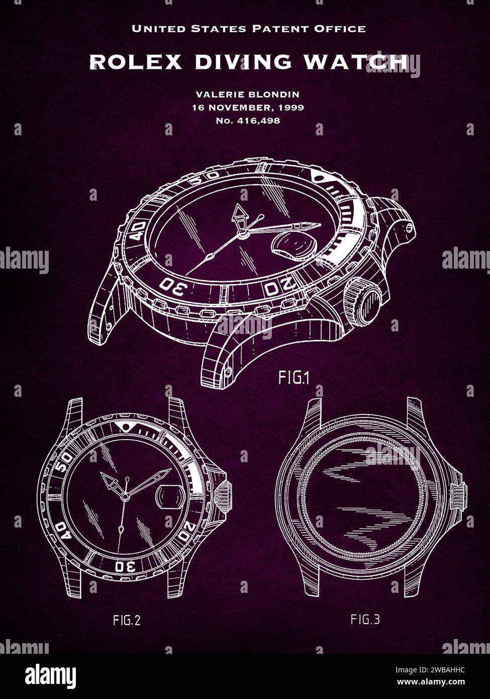 US-Patentamt Design einer Rolex Taucheruhr aus dem Jahr 1999 auf violettem Hintergrund Stockfoto