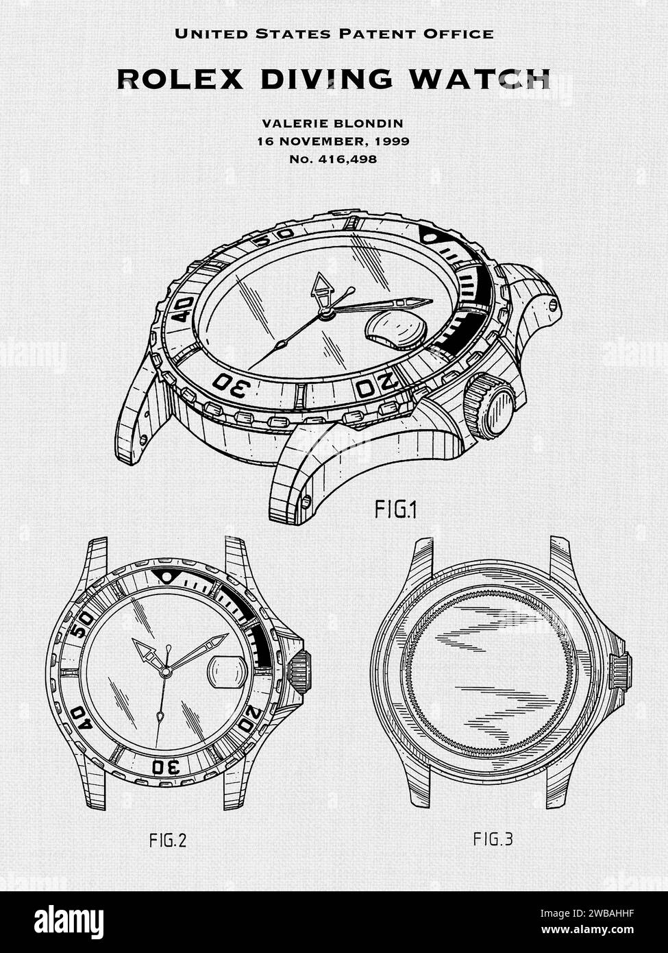 US-Patentamt Design einer Rolex Taucheruhr aus dem Jahr 1999 auf weißem Hintergrund Stockfoto