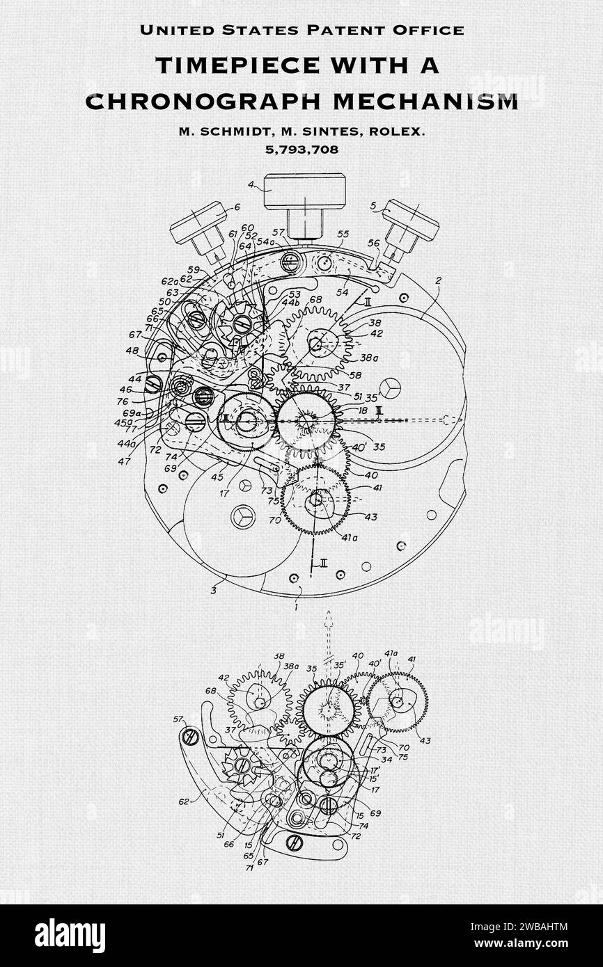 US-Patentamt-Design für eine Chronographenuhr von Rolex auf weißem Hintergrund Stockfoto