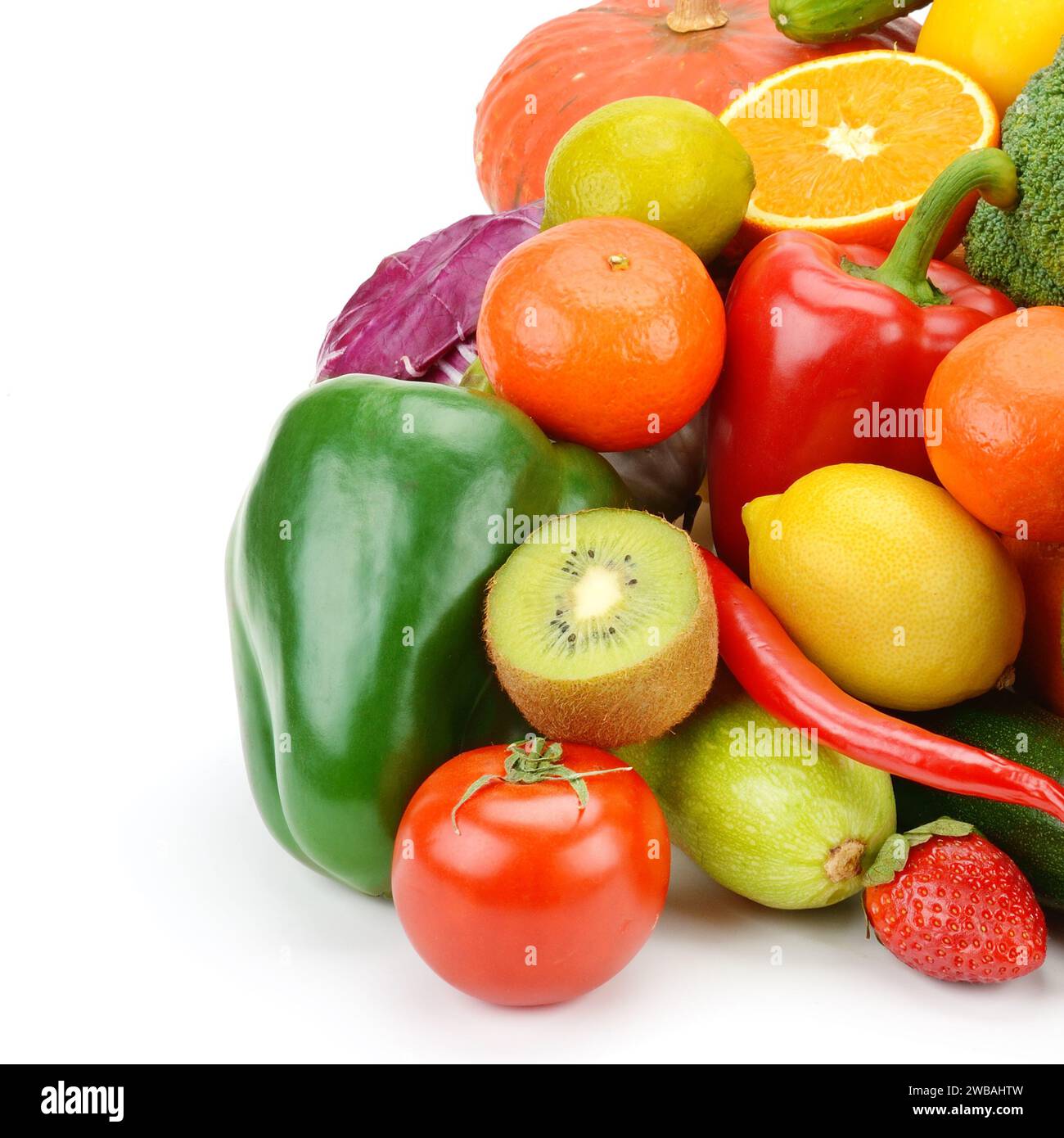 Obst und Gemüse isoliert auf weißem Hintergrund. Bio-Lebensmittel. Stockfoto