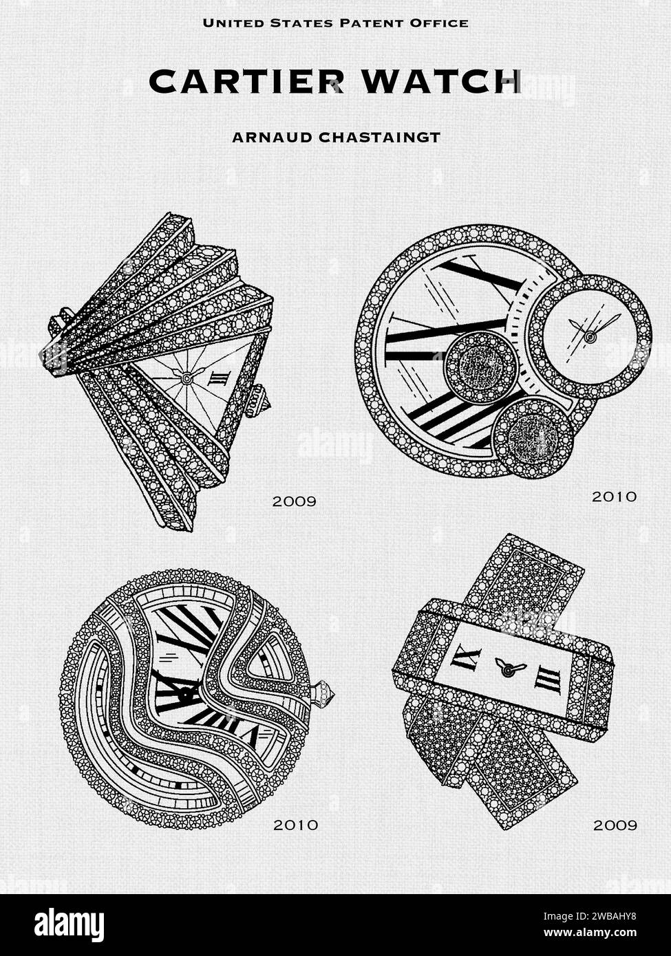US-Patentamt Entwürfe für Cartier Uhren von Arnaud Chastaingt auf weißem Leinenhintergrund Stockfoto