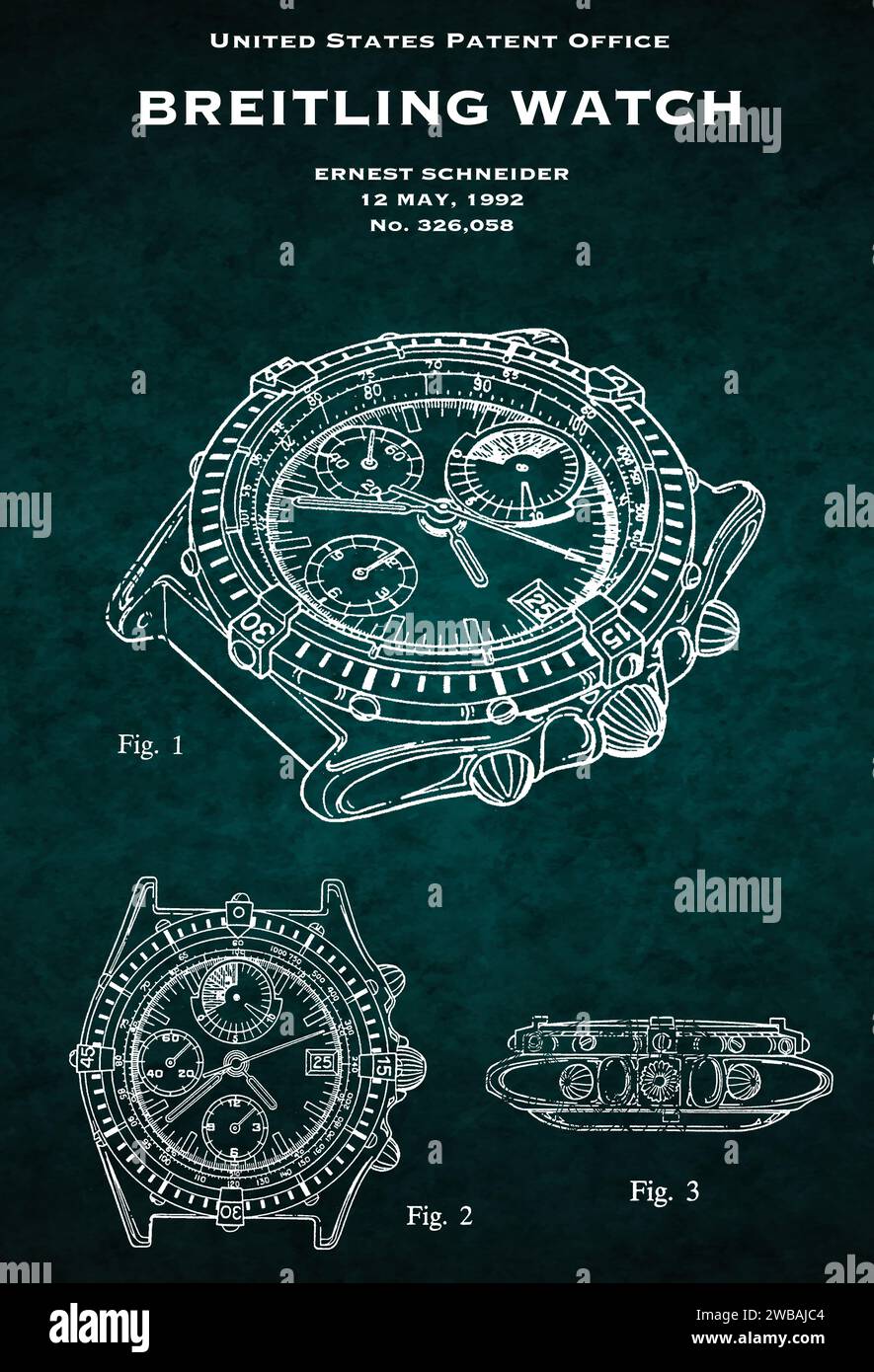 US-Patentamt Design von 1992 einer Breitling-Uhr auf grünem Hintergrund Stockfoto