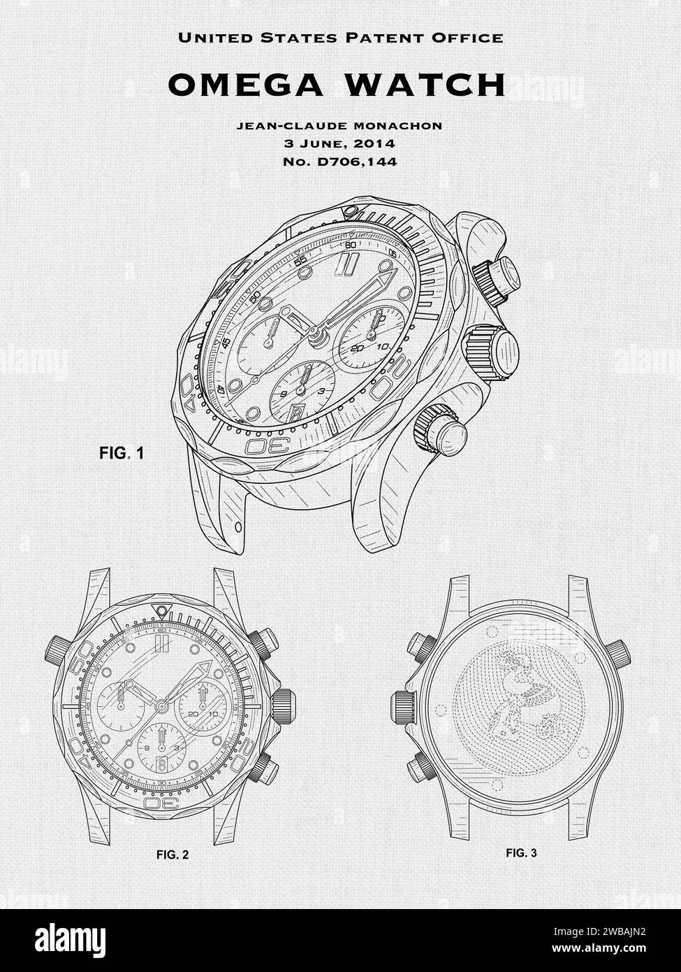 US-Patent-Design von 2014 für eine Omega-Taucheruhr auf weißem Hintergrund Stockfoto