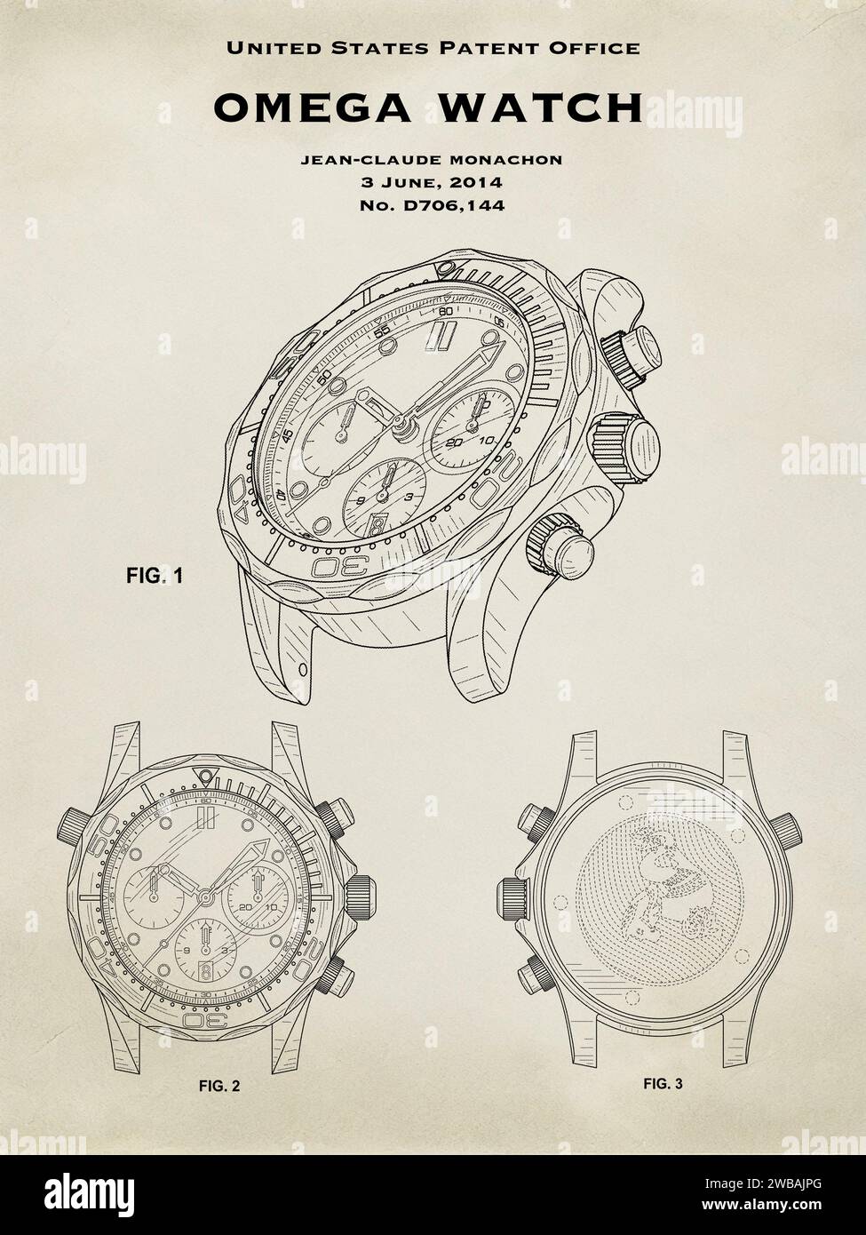 US-Patent-Design von 2014 für eine Omega-Taucheruhr auf neutralem Hintergrund Stockfoto