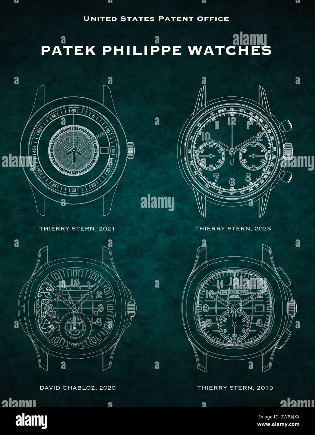 US-Patentamt Designs von Uhrenscheiben für Patek Philippe Uhren auf grünem grungy Hintergrund Stockfoto