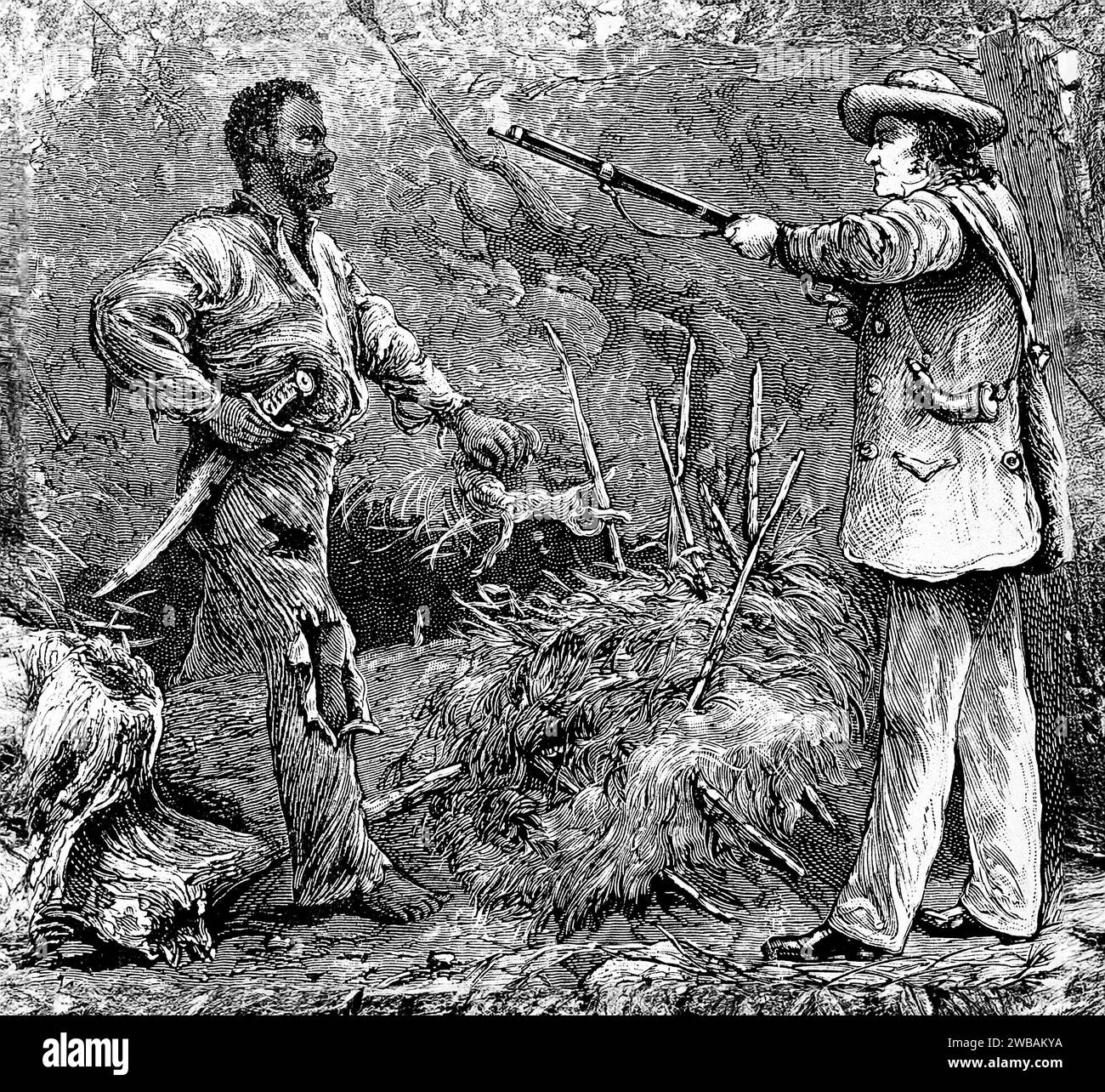 Nat Turner (1800-1831). Abbildung mit dem Titel „The Discovery of Nat Turner“, Holzstich, der Benjamin Phipps' Aufnahme von Nat Turner am 30. Oktober 1831 zeigt Stockfoto