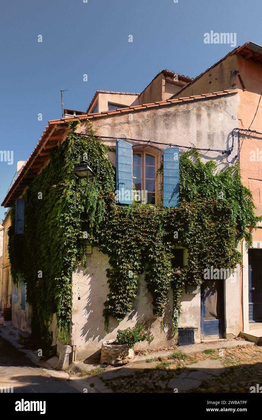 Arles, Frankreich, 9. September 2023, Blick auf ein Eckhaus mit Kletterpflanzen im antiken Teil der Stadt Stockfoto