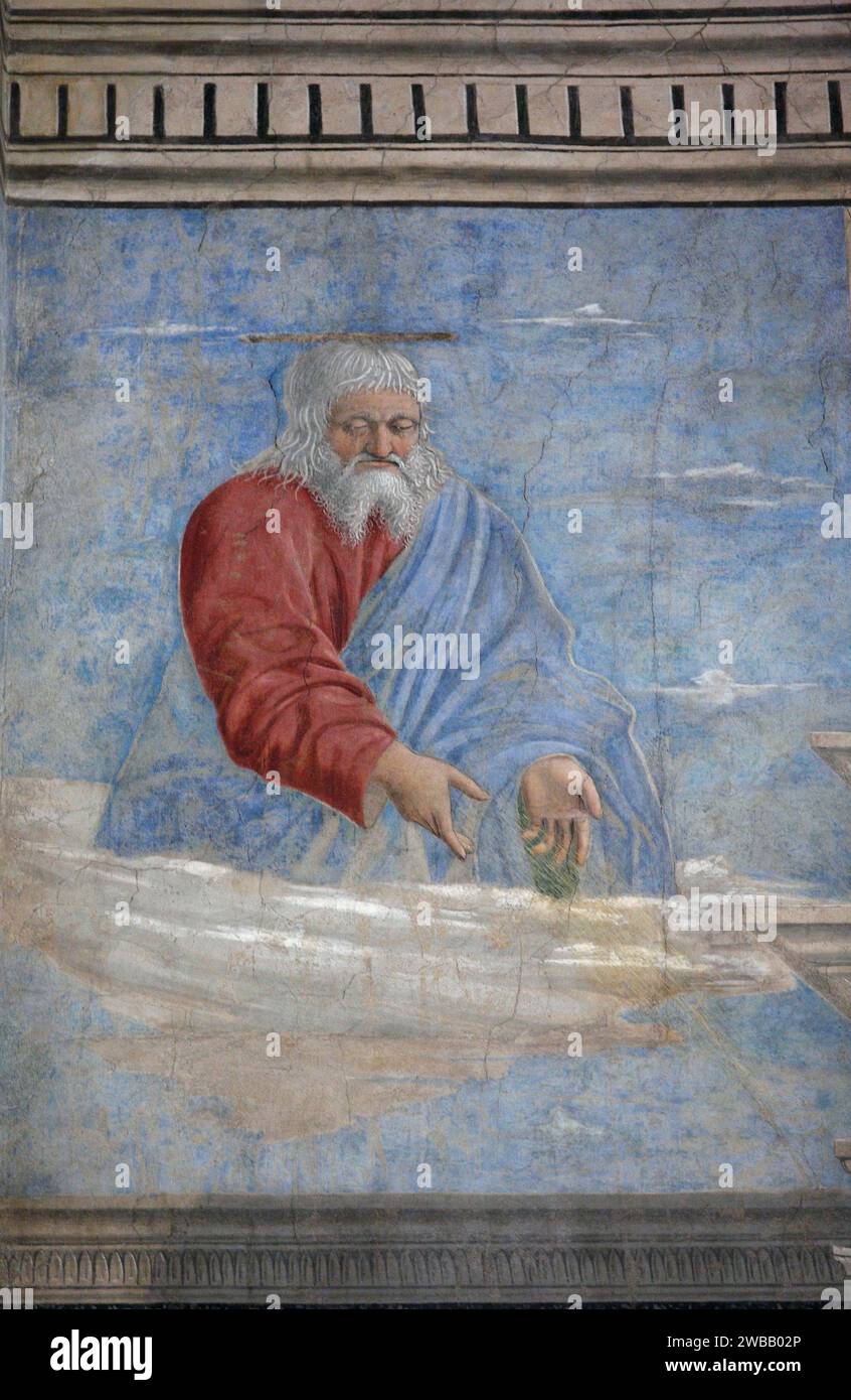 Italien Toskana Arezzo: Kirche San Francesco: Details des Freskos von Piero della Francesca über die Geschichte des wahren Kreuzes - Verkündigung Detail Stockfoto