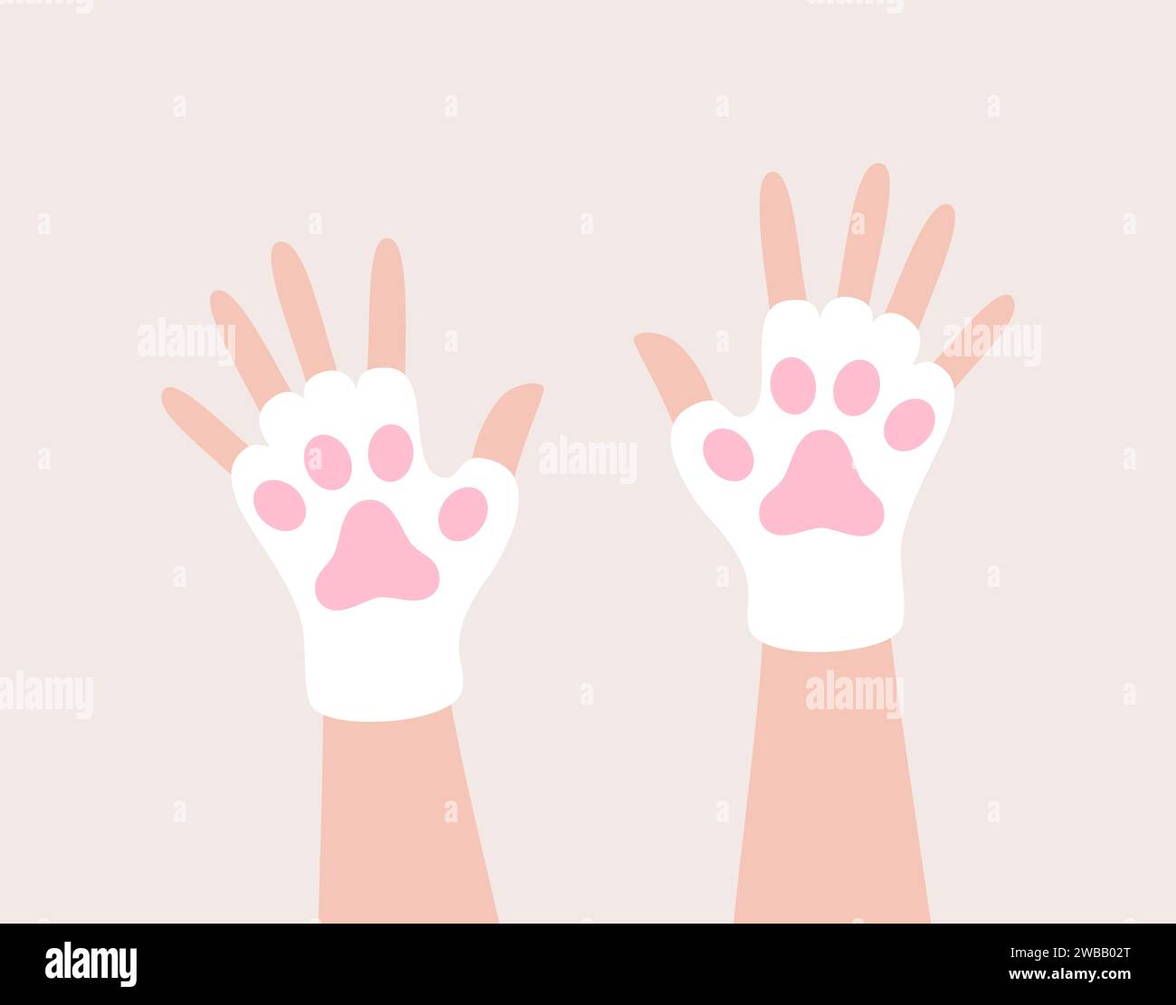 Hände in weißen und rosafarbenen Fäustlingen in Form von Katzenpfoten. Illustration des flachen Vektors Stock Vektor