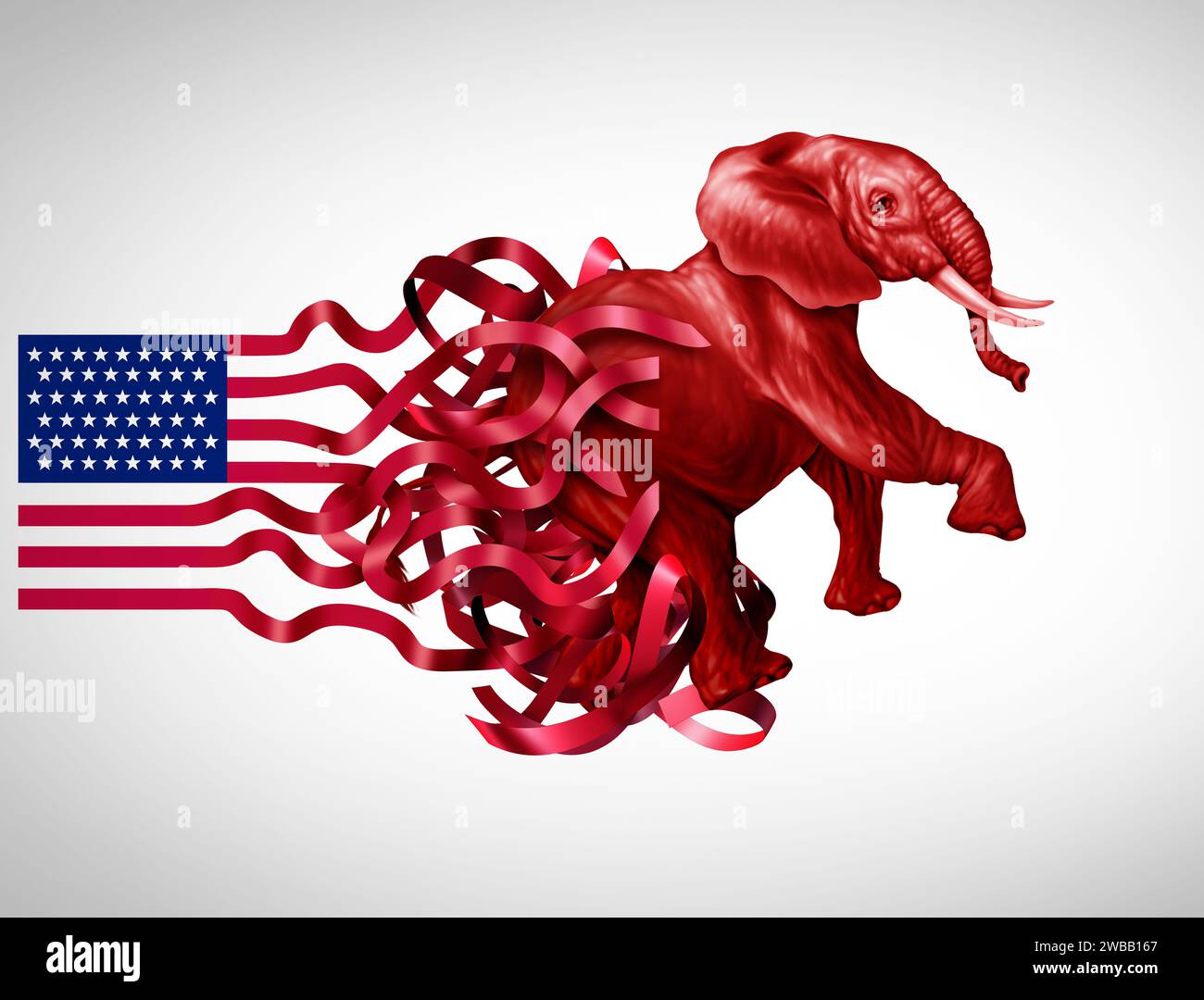 Konservative Krise der Vereinigten Staaten und rechtspolitischer Kampf oder traditionelles Ideologiekonzept als roter Elefant in der amerikanischen politischen Herausforderung Stockfoto