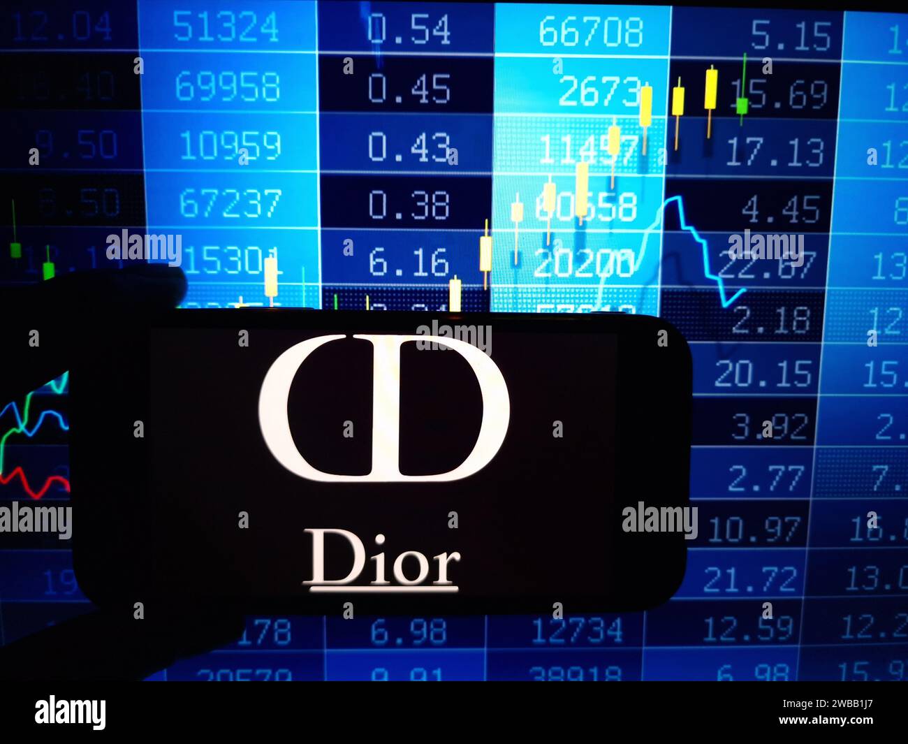 Konskie, Polen - 07. Januar 2024: Das Firmenlogo von Dior wird auf dem Bildschirm des Mobiltelefons angezeigt Stockfoto