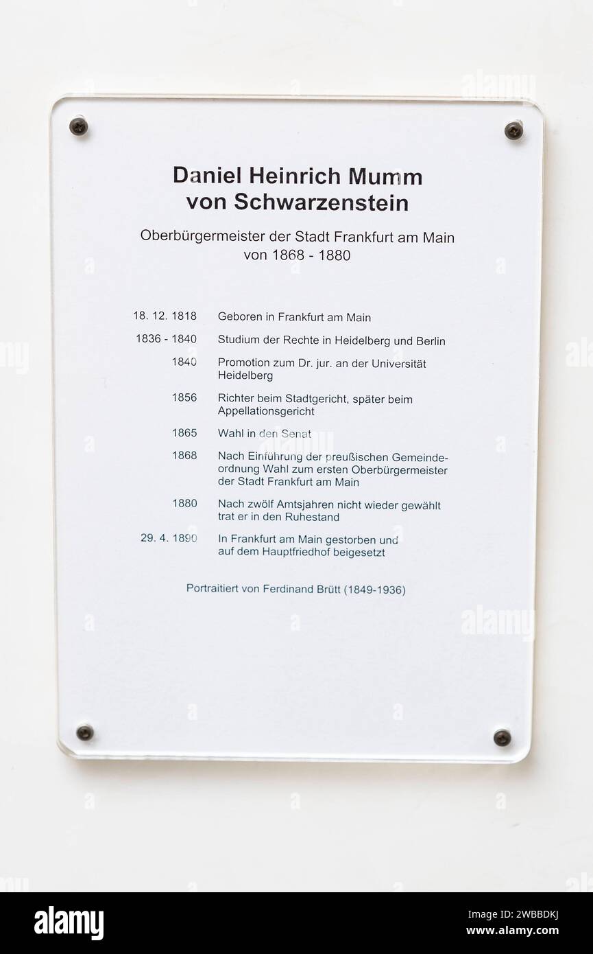Porträts der ehemaligen Oberbürgermeister 01.12.2022 Frankfurt Porträts der ehemaligen Oberbürgermeister der Stadt Frankfurt in der Wandelhalle des Römers. Im Bild: Daniel Heinrich Mumm von Schwarzenstein 1868-1880. Frankfurt Frankfurt Hessen Deutschland *** Porträts der ehemaligen Bürgermeister 01 12 2022 Frankfurt Porträts der ehemaligen Bürgermeister der Stadt Frankfurt in der Wandelhalle des Römers im Bild Daniel Heinrich Mumm von Schwarzenstein 1868 1880 Frankfurt Frankfurt Frankfurt Hessen Deutschland Stockfoto