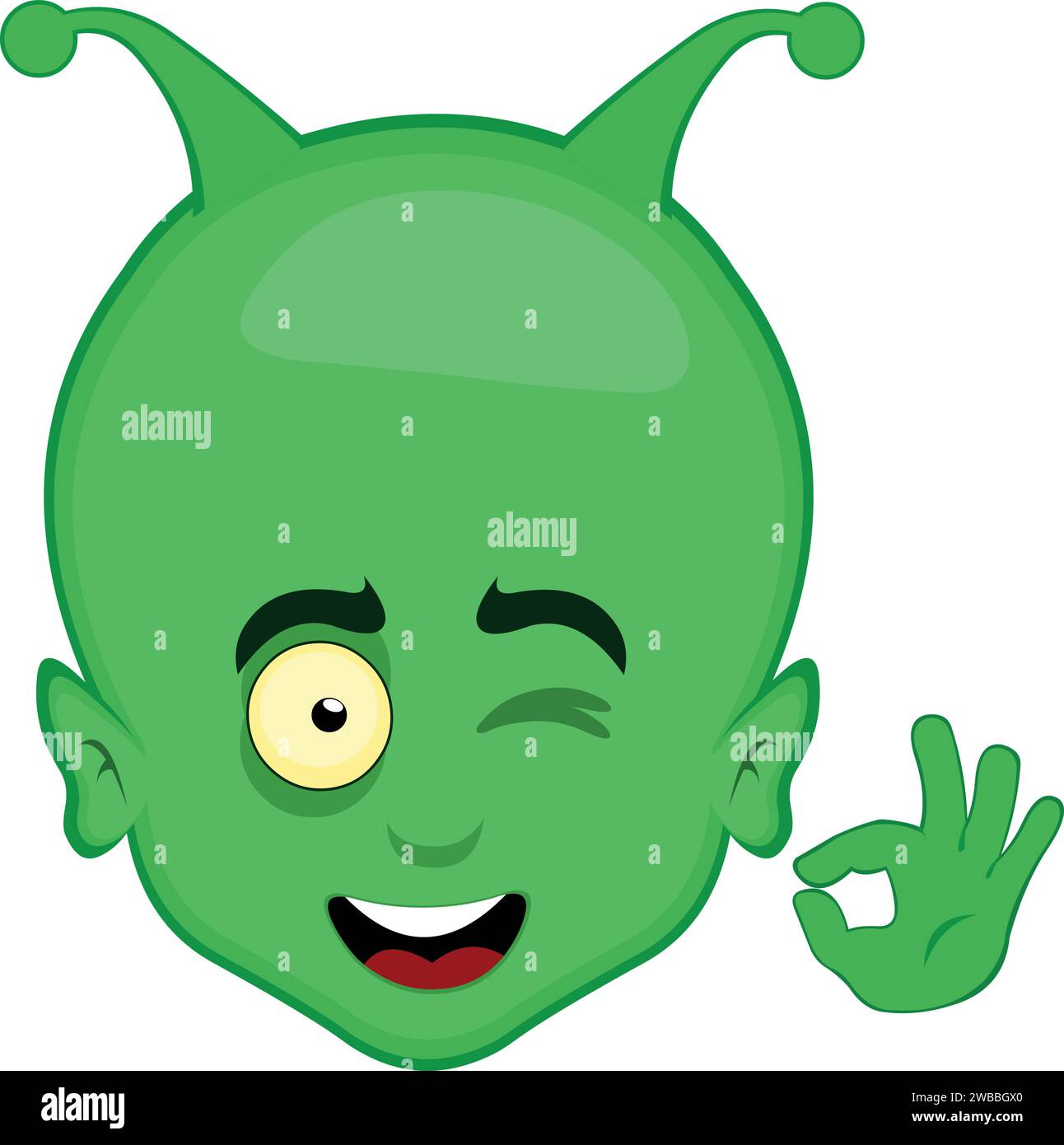 Vektor-Illustration Gesicht Alien oder Außerirdischen Karikatur, blinkende Augen und mit seiner Hand machen eine OK oder perfekte Geste Stock Vektor
