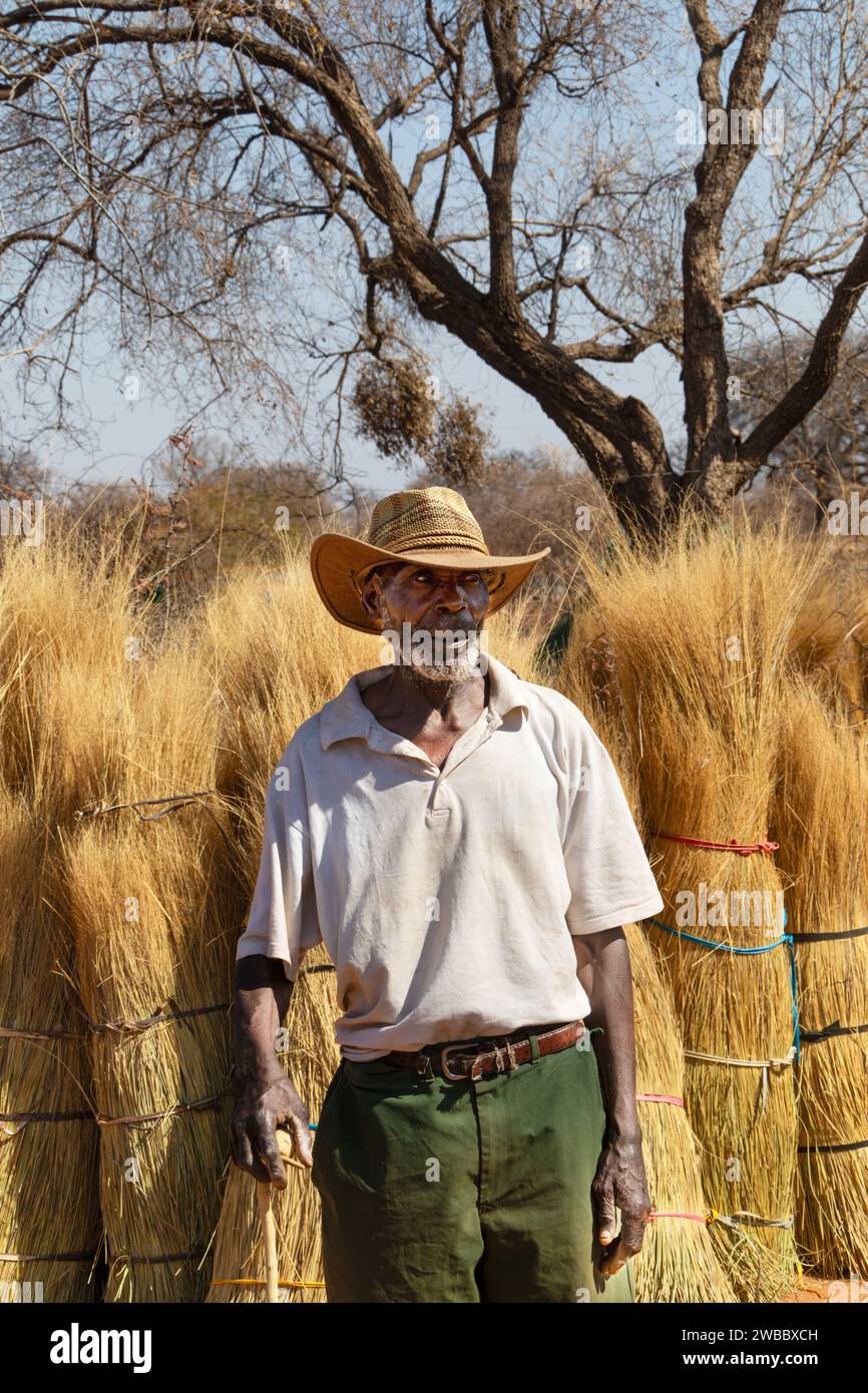 Porträt eines afrikanischen Bauern mit einem Strohhut auf dem Feld mit reetgedeckten Grasbündeln, aus der Provinz Freistaat, Nahaufnahme Stockfoto