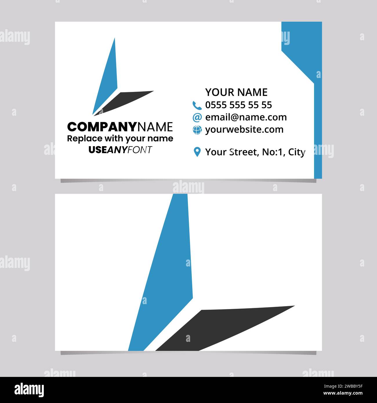 Blaue und schwarze Visitenkartenvorlage mit dem Logo-Symbol des Dreiecks L auf hellgrauem Hintergrund Stock Vektor