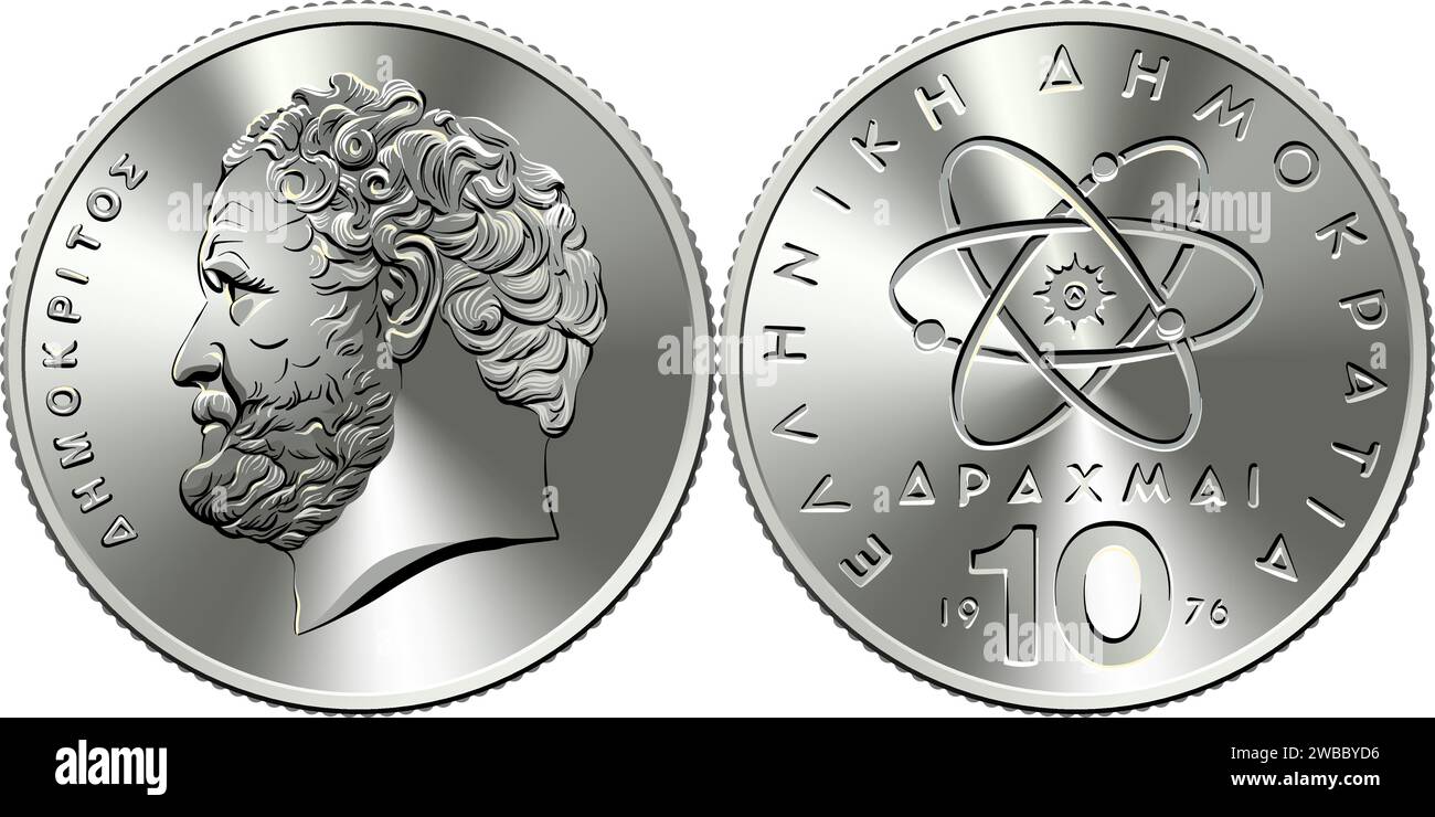 Vektor griechisches Geld, 10 Drachmen Silbermünze 1976 Demokrit, altgriechischer Philosoph Stock Vektor