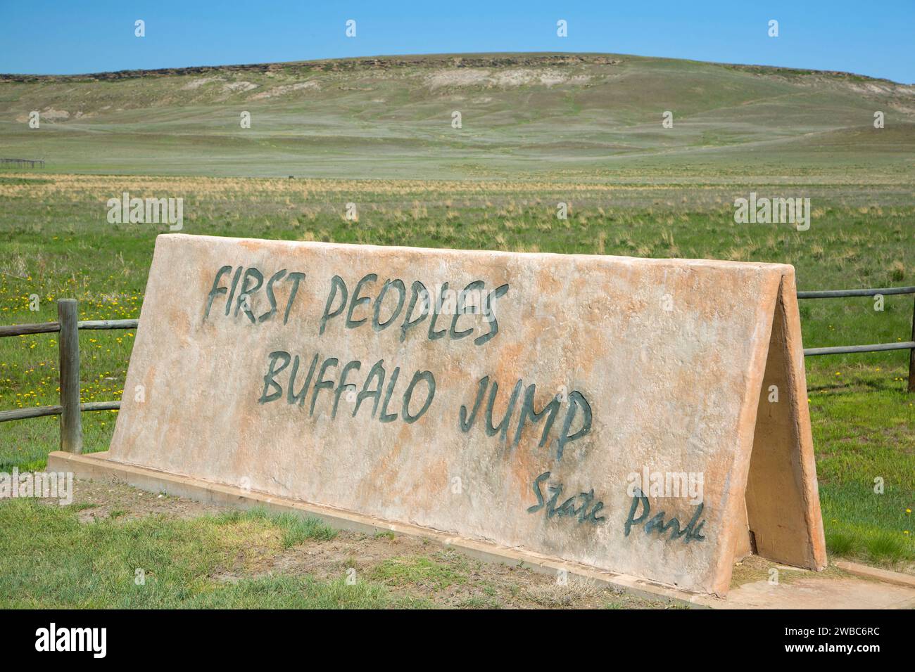Eingangsschild, First Peoples Buffalo Jump State Park, Montana Stockfoto