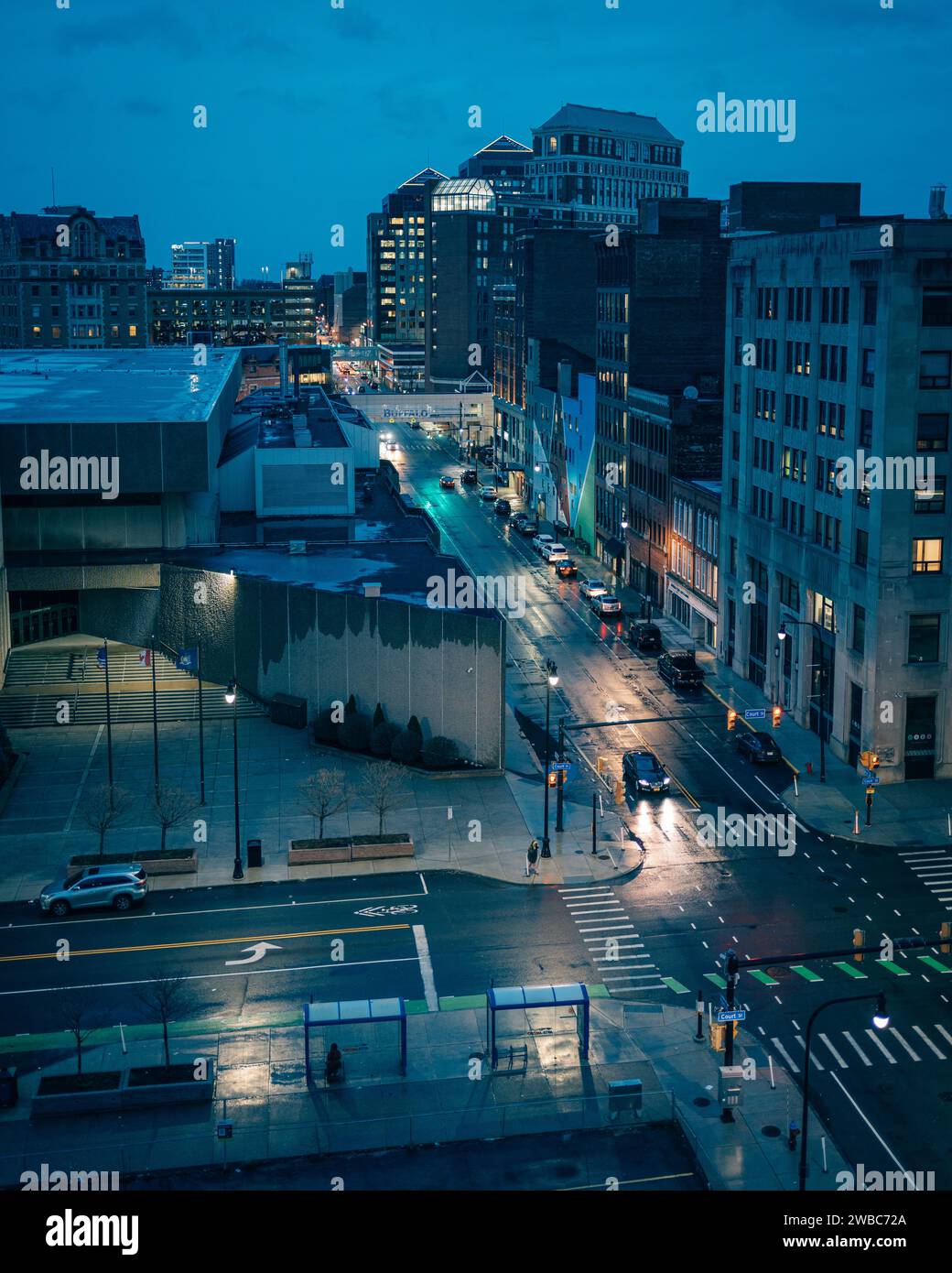 Nachtblick auf die Innenstadt von Buffalo, New York Stockfoto