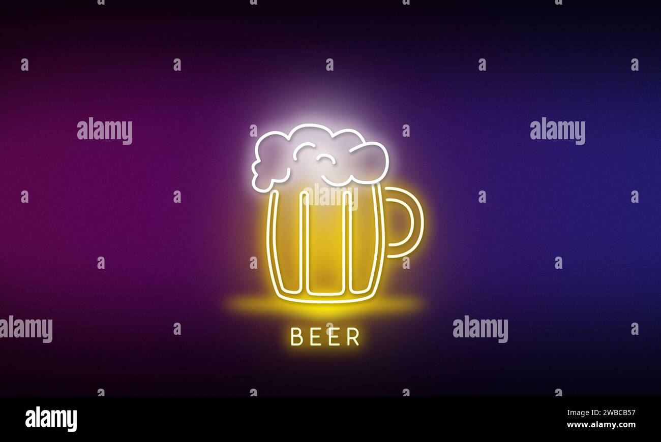 Becher Bier und Schaum in Neonschildern. Stockfoto