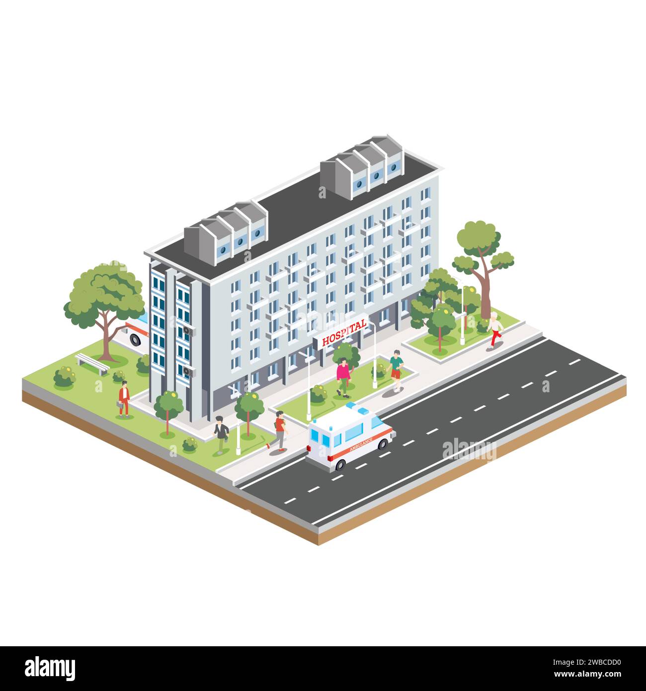 Isometrisches Gebäude des Krankenhauses. Symbol oder Infografik-Element. Vektorabbildung. Stadtklinik. Architektursymbol isoliert auf weißem Hintergrund. Stock Vektor