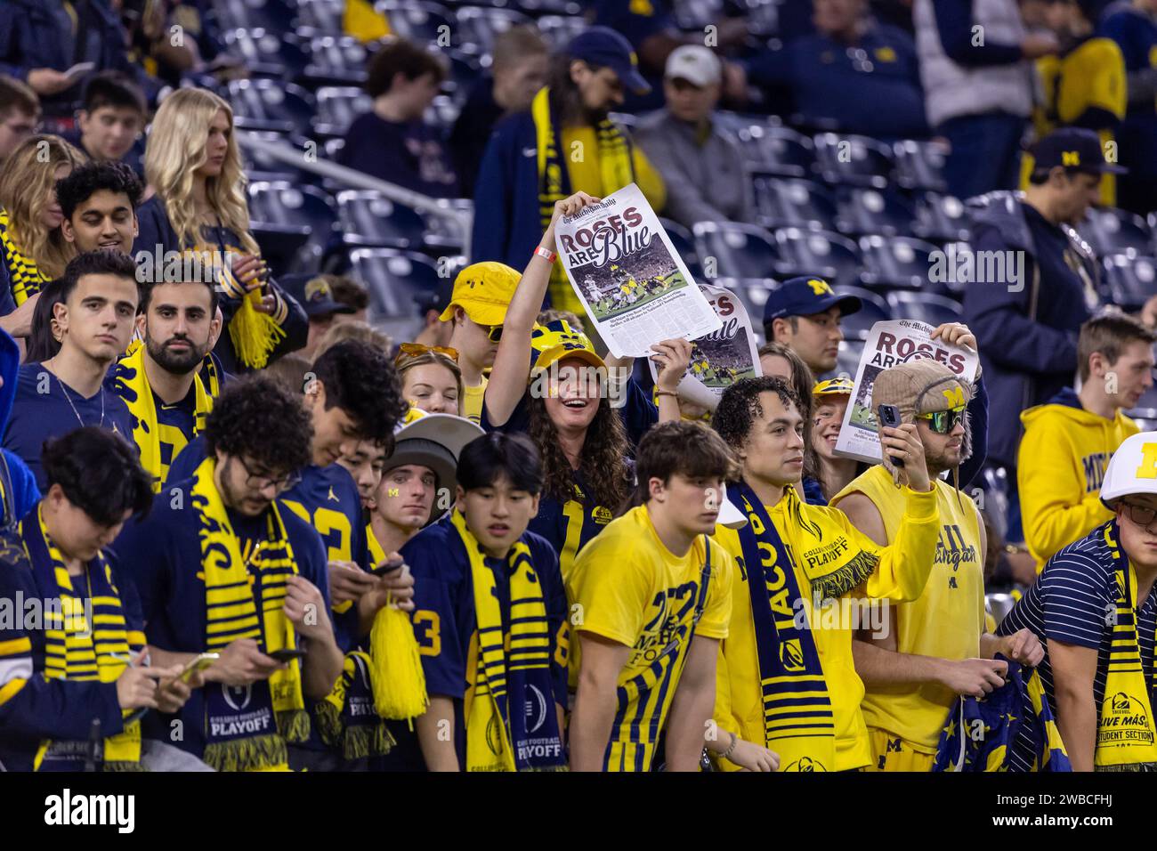 Fans von Michigan Wolverines während des College Football Playoff National Championship-Spiels 2024 am Montag, 20. Februar 2023, in Houston, Texas. Niederlage in Michigan Stockfoto