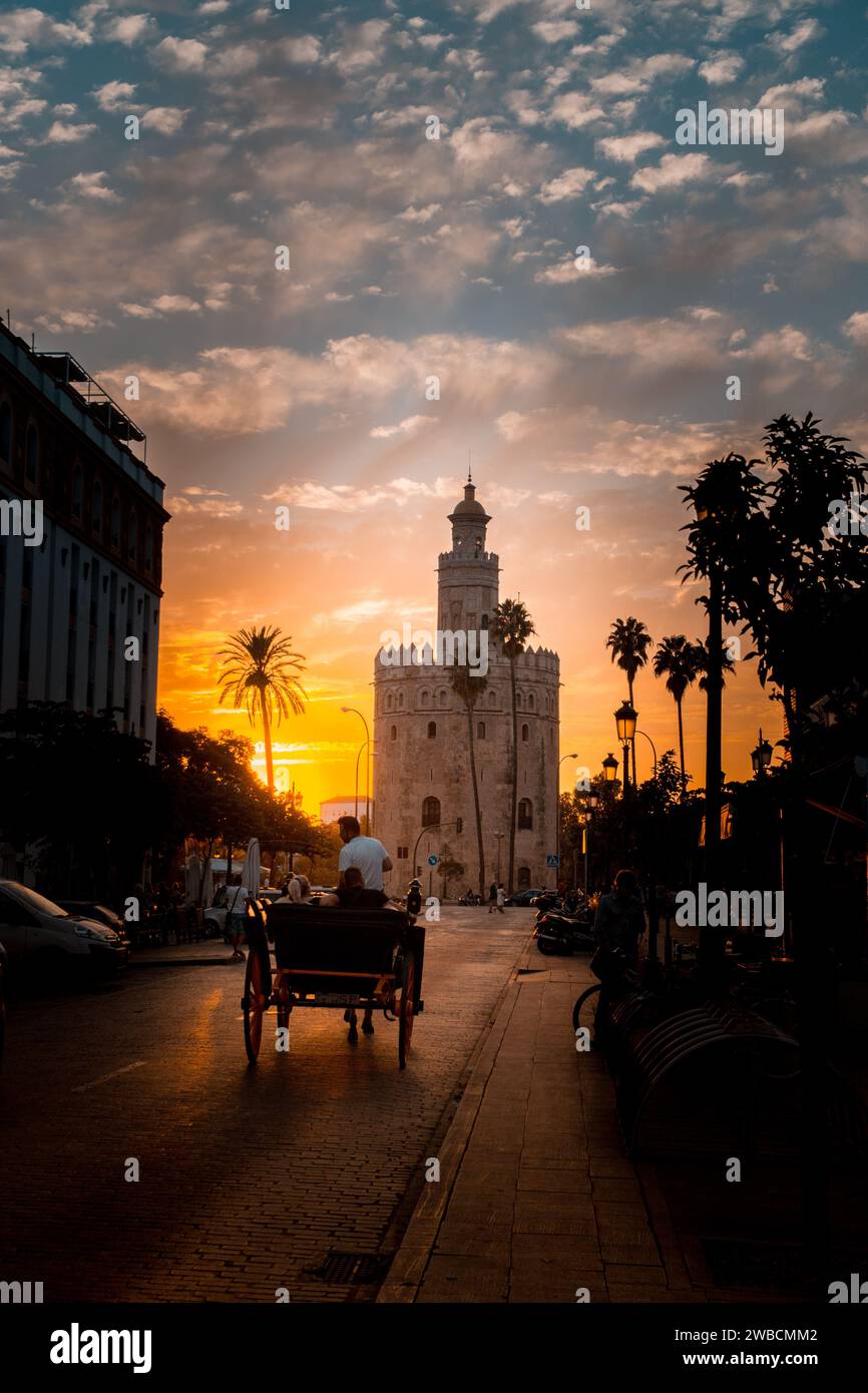 Sonnenuntergang in Sevilla. Eine Pferdekutsche im Vordergrund, der berühmte Torre del Oro im Hintergrund. Stockfoto