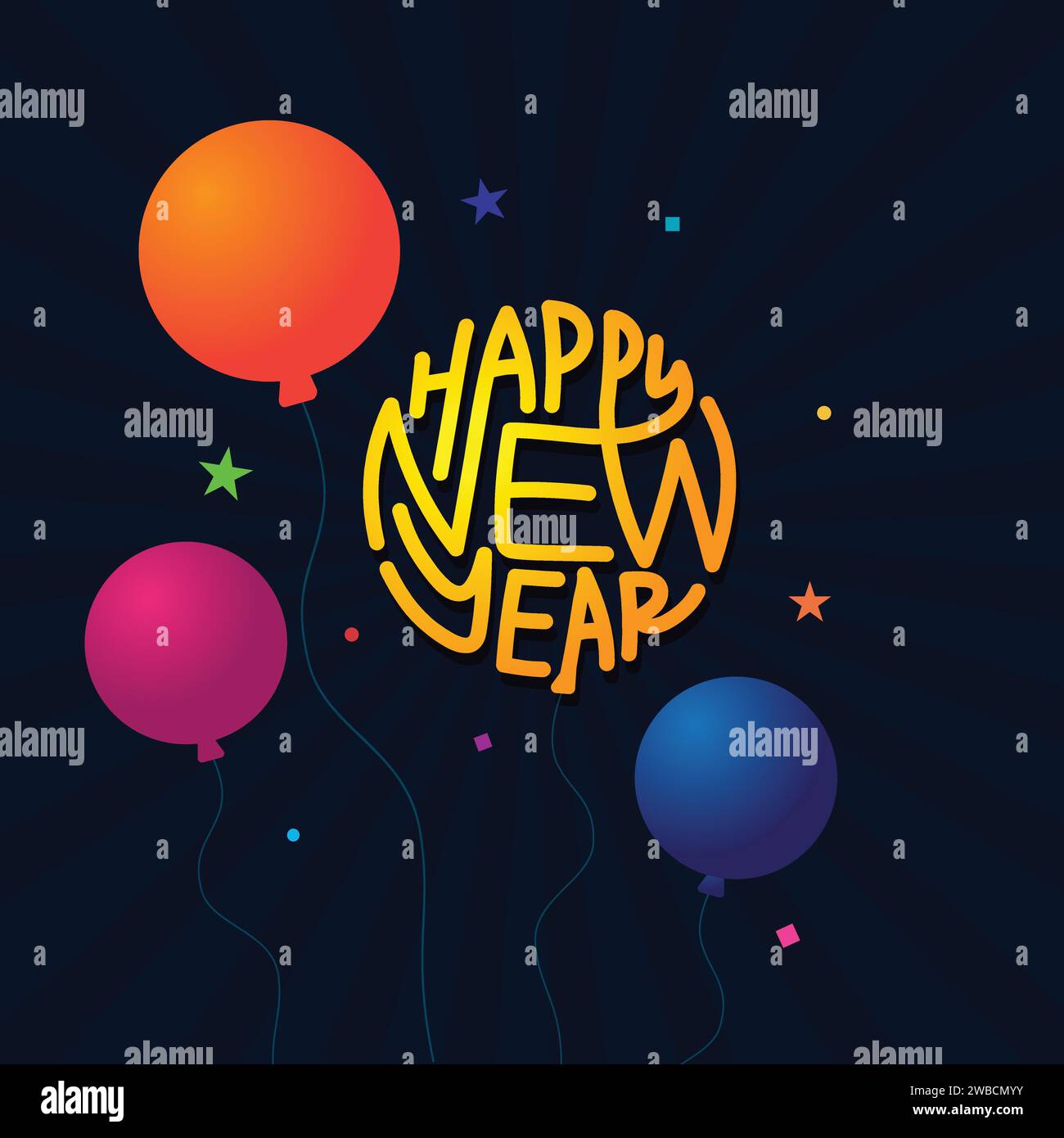 Farbenfrohe Illustration mit buntem Schriftzug und Ballons und Vektorelementen der Feier. Kreatives Konzept für ein gutes neues Jahr in Ballonform. Stock Vektor