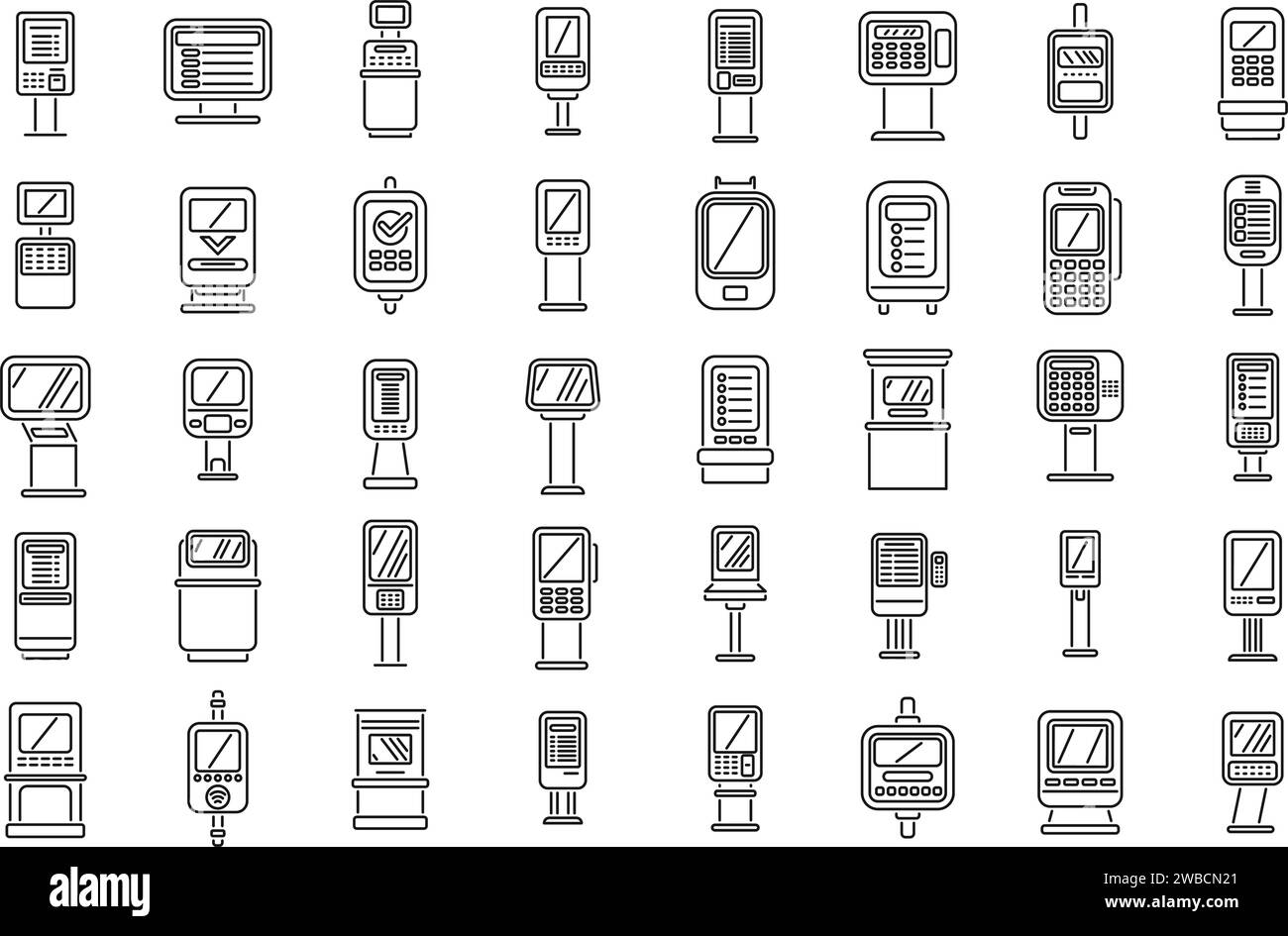 Ticket Terminal-Symbole legen den Konturvektor fest. Stadtsicherheit. Bildschirm „Selbstinfo“ Stock Vektor