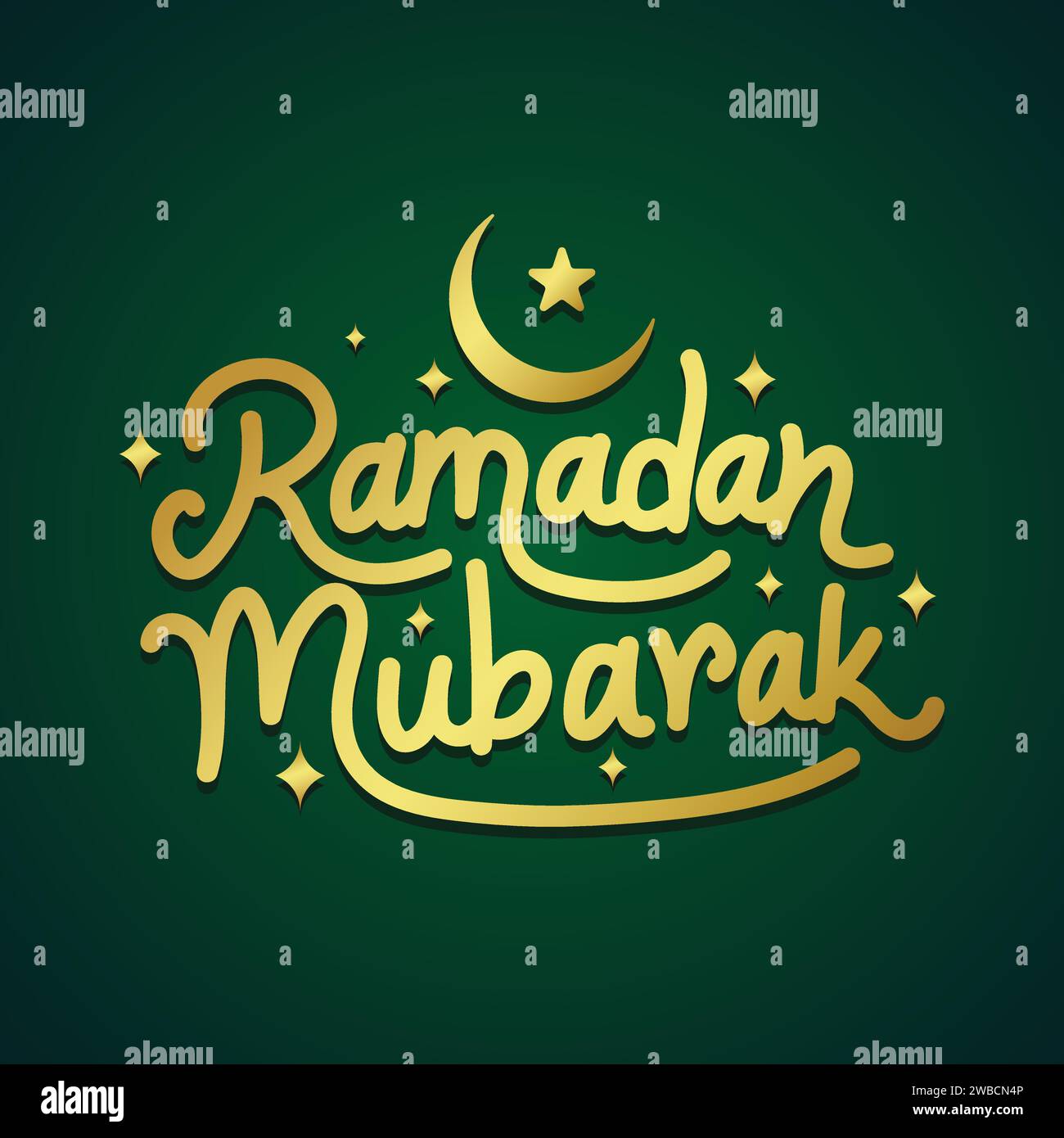 Ramadan Mubarak goldene Farbe Hand gezeichnete Beschriftungsvektorillustration mit Mond und Stern auf grünem Hintergrund. Islamische Kalligraphie zur Feier der Muslime Stock Vektor