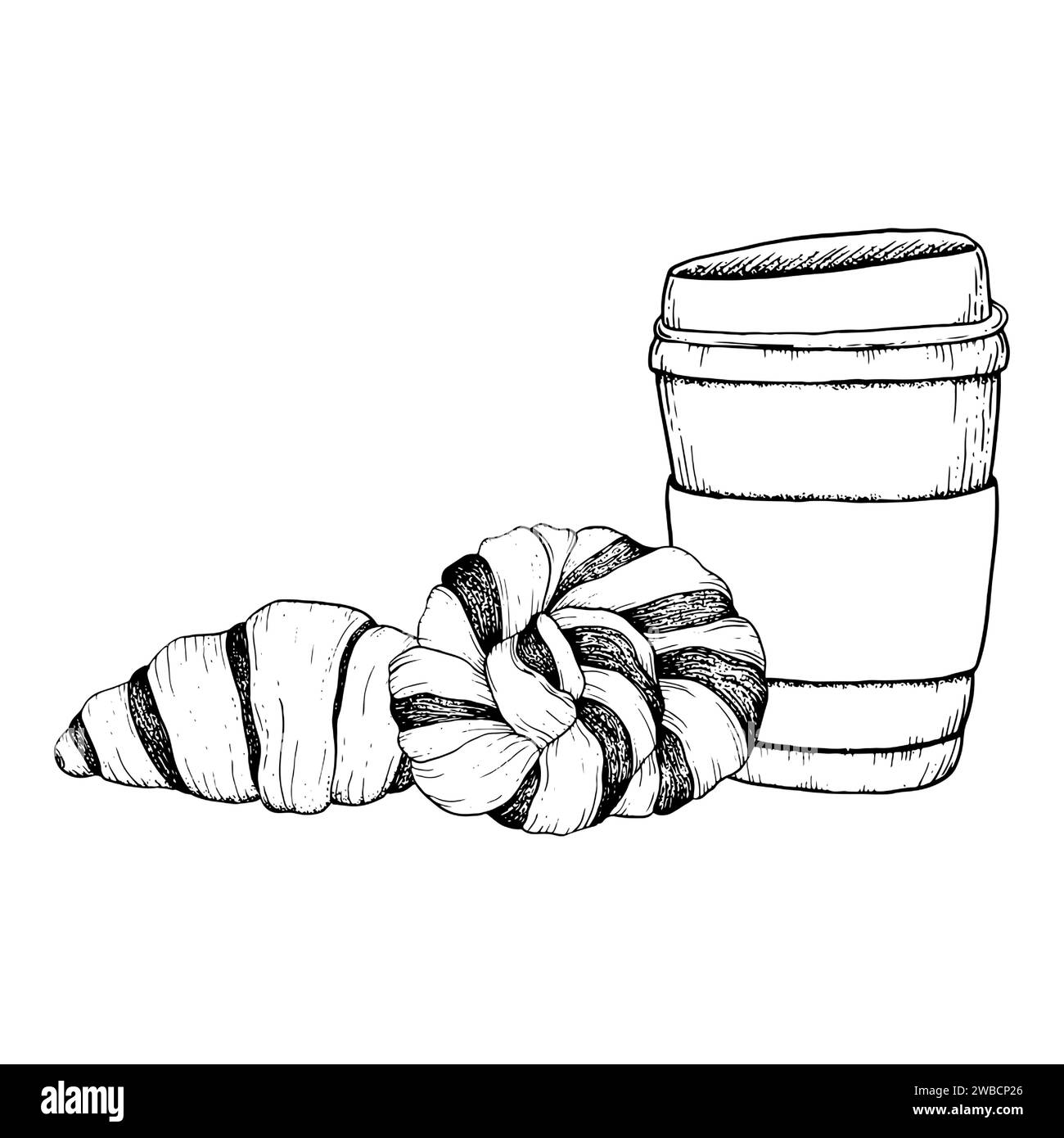 Schokoladencroissant, geflochtenes Brötchen mit Kaffeetasse Stock Vektor