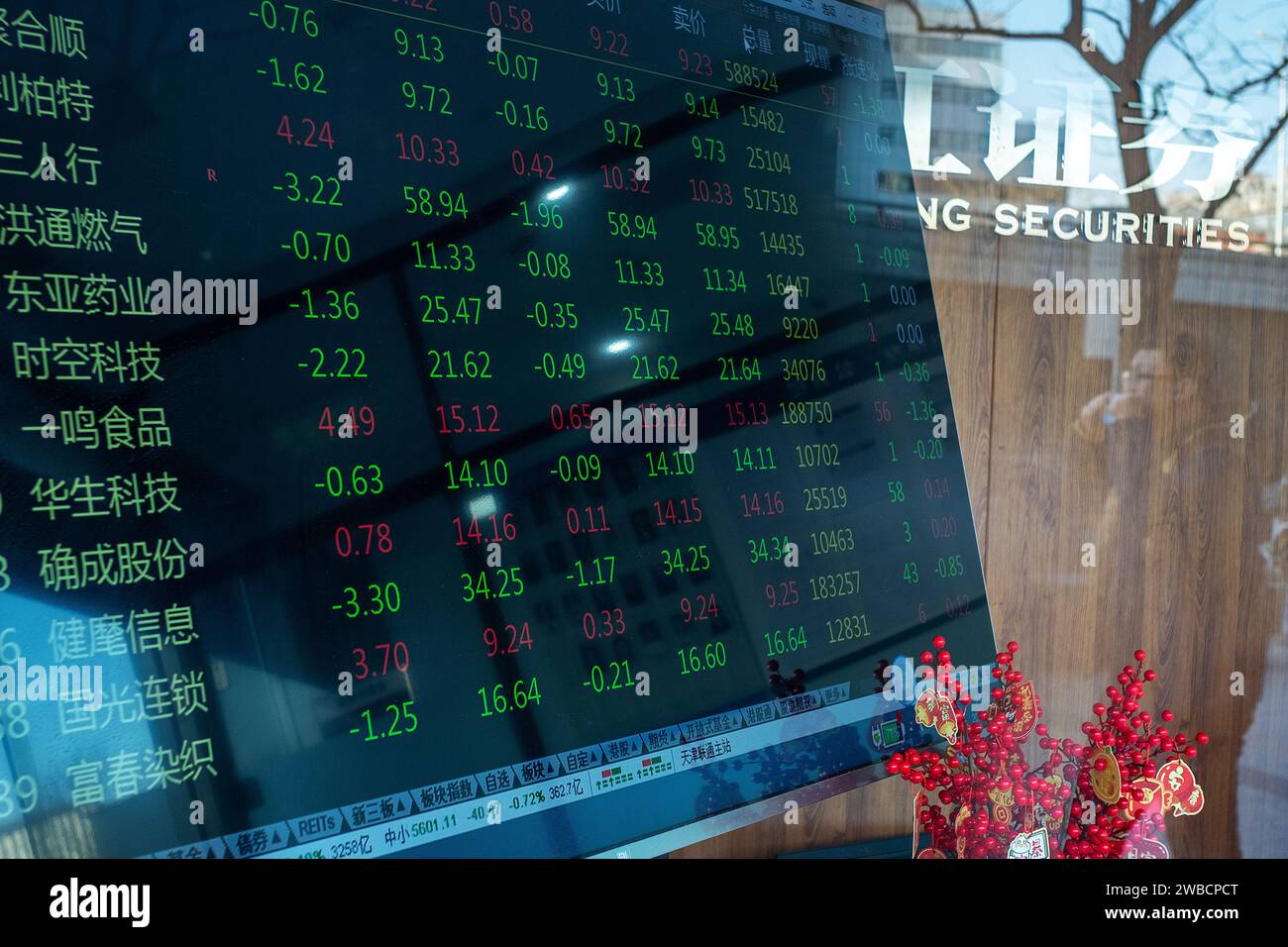 Eine elektronische Tafel zeigt Aktieninformationen an einem Business ConsultDesk von Changjiang Securities in Peking, China. Januar 2024 Stockfoto