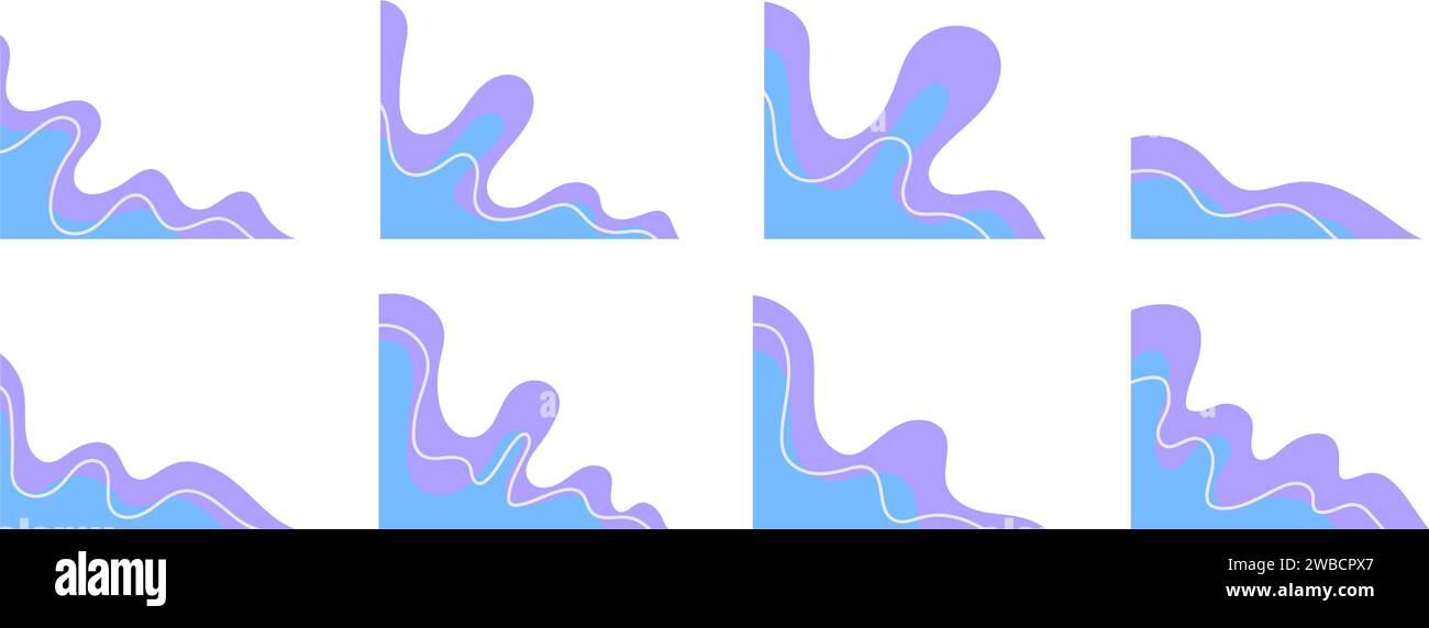 Blaue wellenförmige Formen für die Eckdekoration. Abstrakte Kurvenfluidelemente für Rahmen isoliert auf weißem Hintergrund. Vektor-Blobs festgelegt Stock Vektor