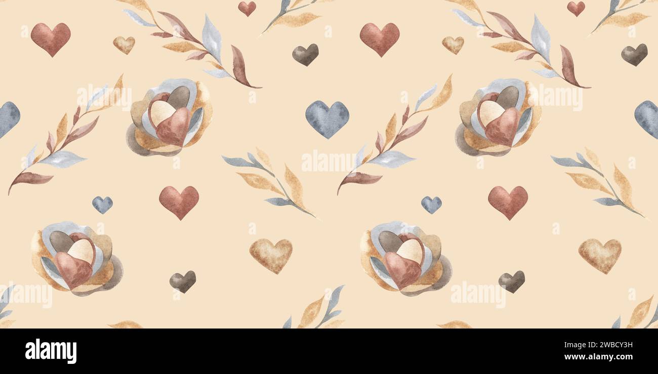 Aquarell Rosenblüte und abstraktes nahtloses Muster. Große Pfirsichblüten mit getrockneten. Pastellbeige Komposition im modernen Boho-Stil. Handfarbe Stockfoto