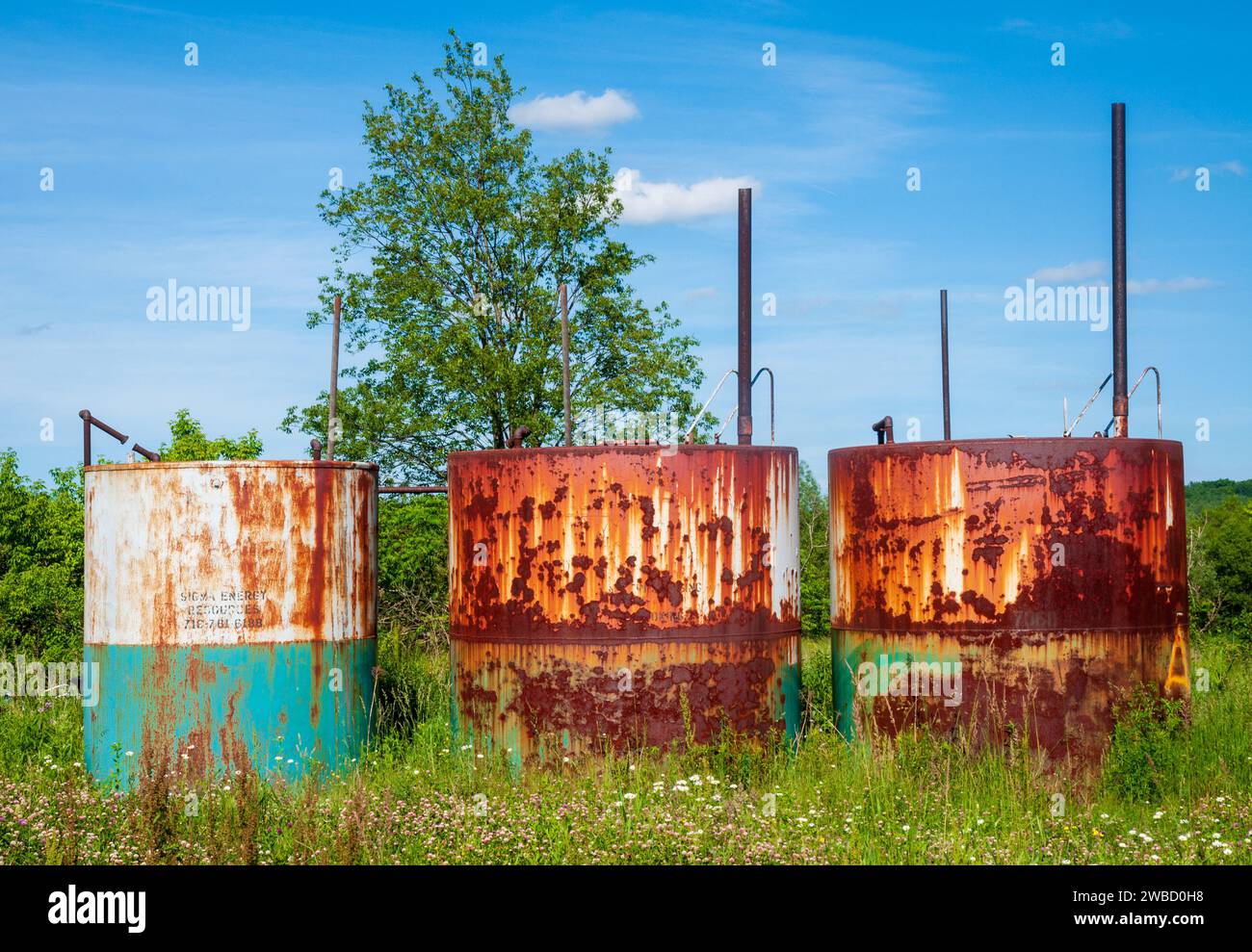 Verrostete Silos in Sugar Grove, Pennsylvania, USA Stockfoto