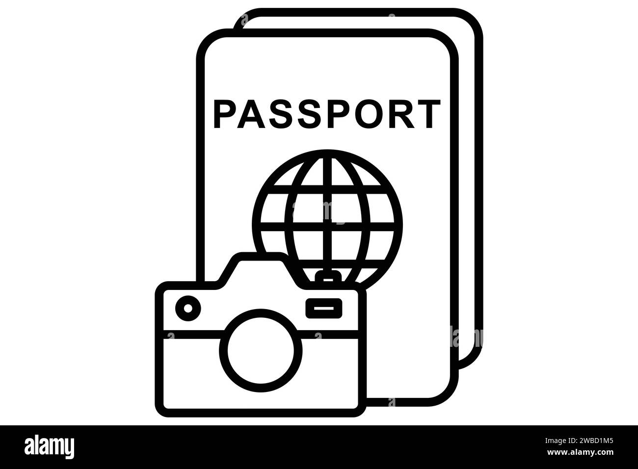 Symbol für Reisefotografie. Kamera mit Reisepass. Liniensymbolstil. Elementabbildung Stock Vektor