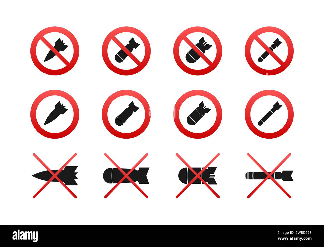 Schilder für verbotene Waffen setzen Vektorillustration für Sicherheits- und Sicherheitsrichtlinien Stock Vektor