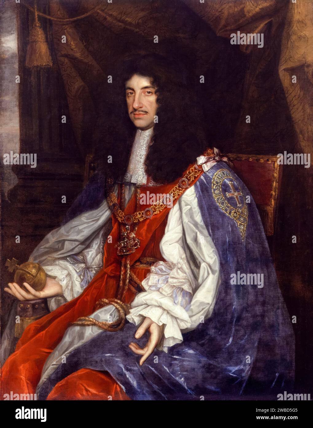 König Karl II. (1630–1685), trägt Garter-Roben, Porträtgemälde in Öl auf Leinwand von John Michael Wright, 1660-1665 Stockfoto