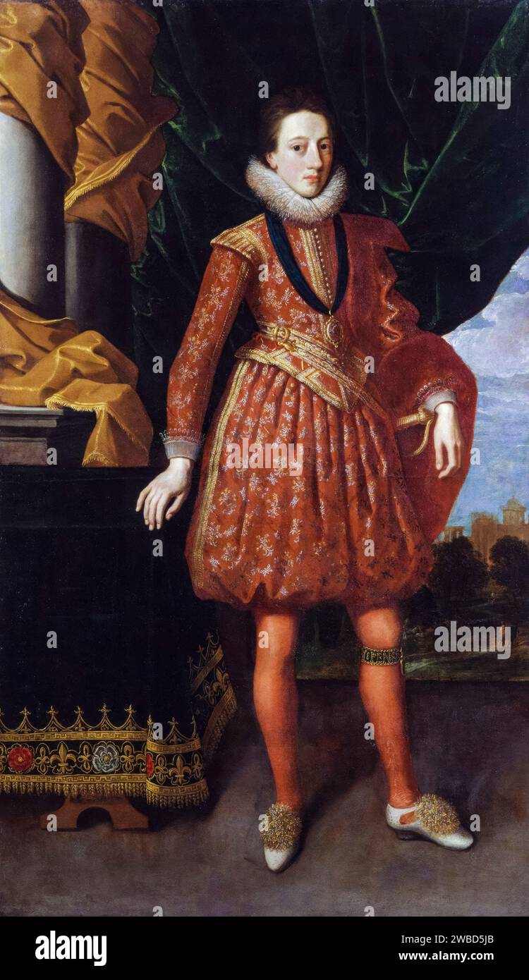 König Karl I. von England (1600–1649) als Teenager, Porträtgemälde in Öl auf Leinwand von unbekanntem Künstler, um 1616 Stockfoto