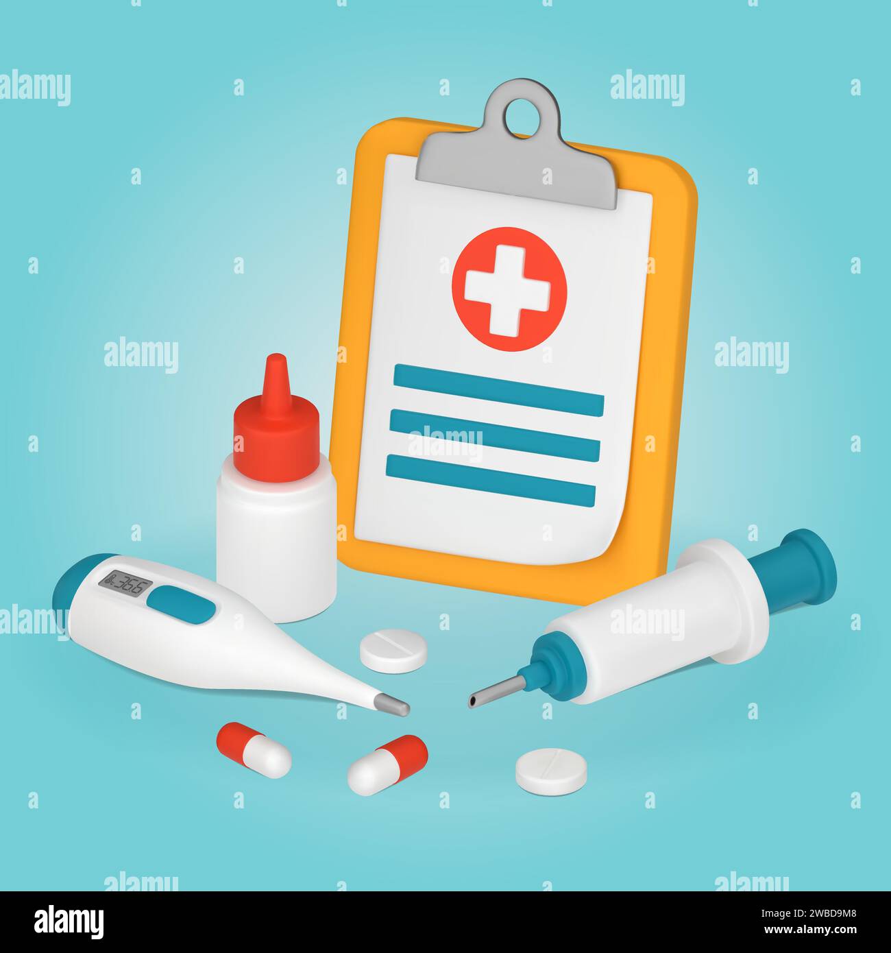 Eine Zwischenablage mit einem Roten Kreuz. Medizinische Geräte, Thermometer, Spritze, Tabletten, Kapseln. 3D-Vektordarstellung. Stock Vektor