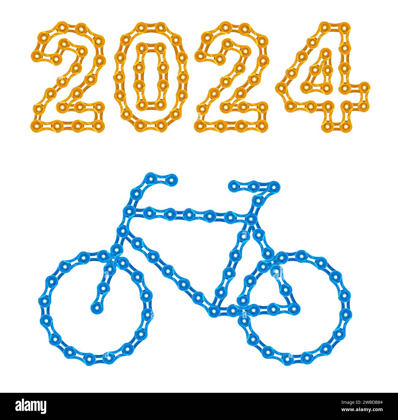 Fahrrad aus blauen Kettengliedern, 2024 Happy New Year aus goldenen Kettengliedern Stockfoto