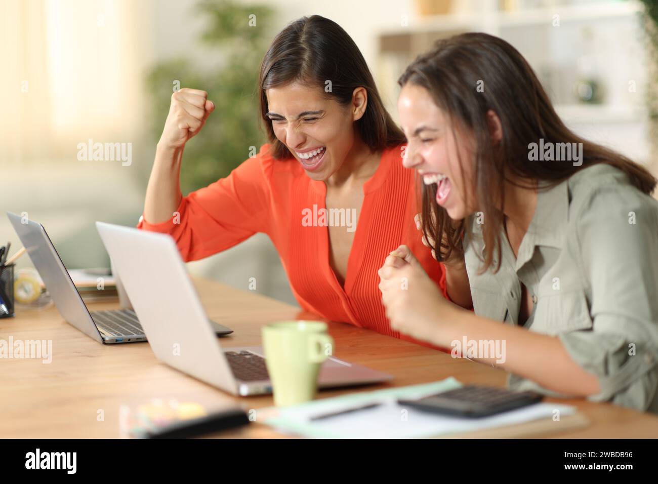 Zwei aufgeregte Tele-Mitarbeiter feiern den Erfolg, den sie online bei der Überprüfung ihres Notebooks zu Hause haben Stockfoto