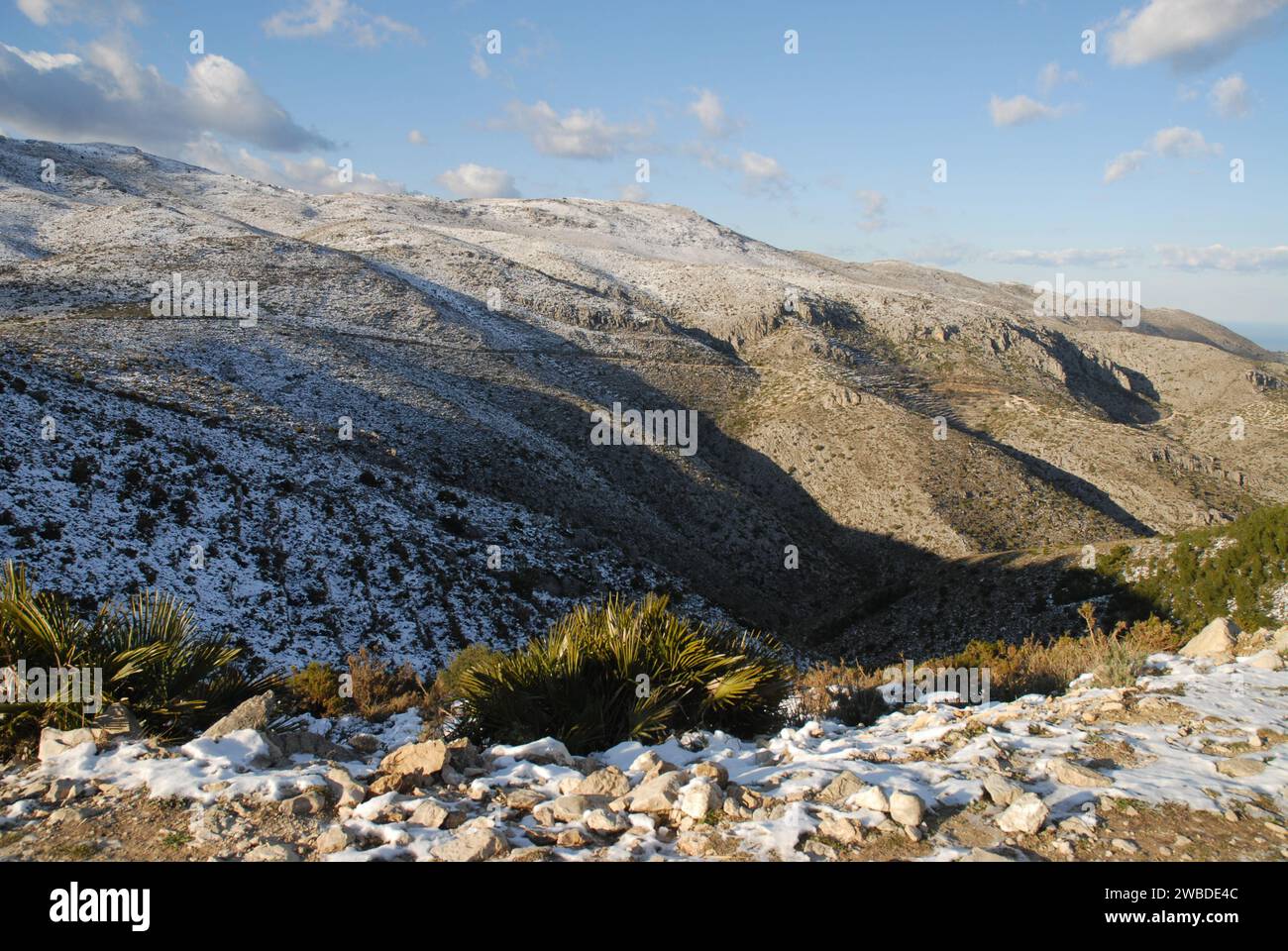 Winterlandschaft mit Schnee in den Bergen, Vall de Laguart, in der Nähe von Benimaurell, Provinz Alicante, Spanien Stockfoto