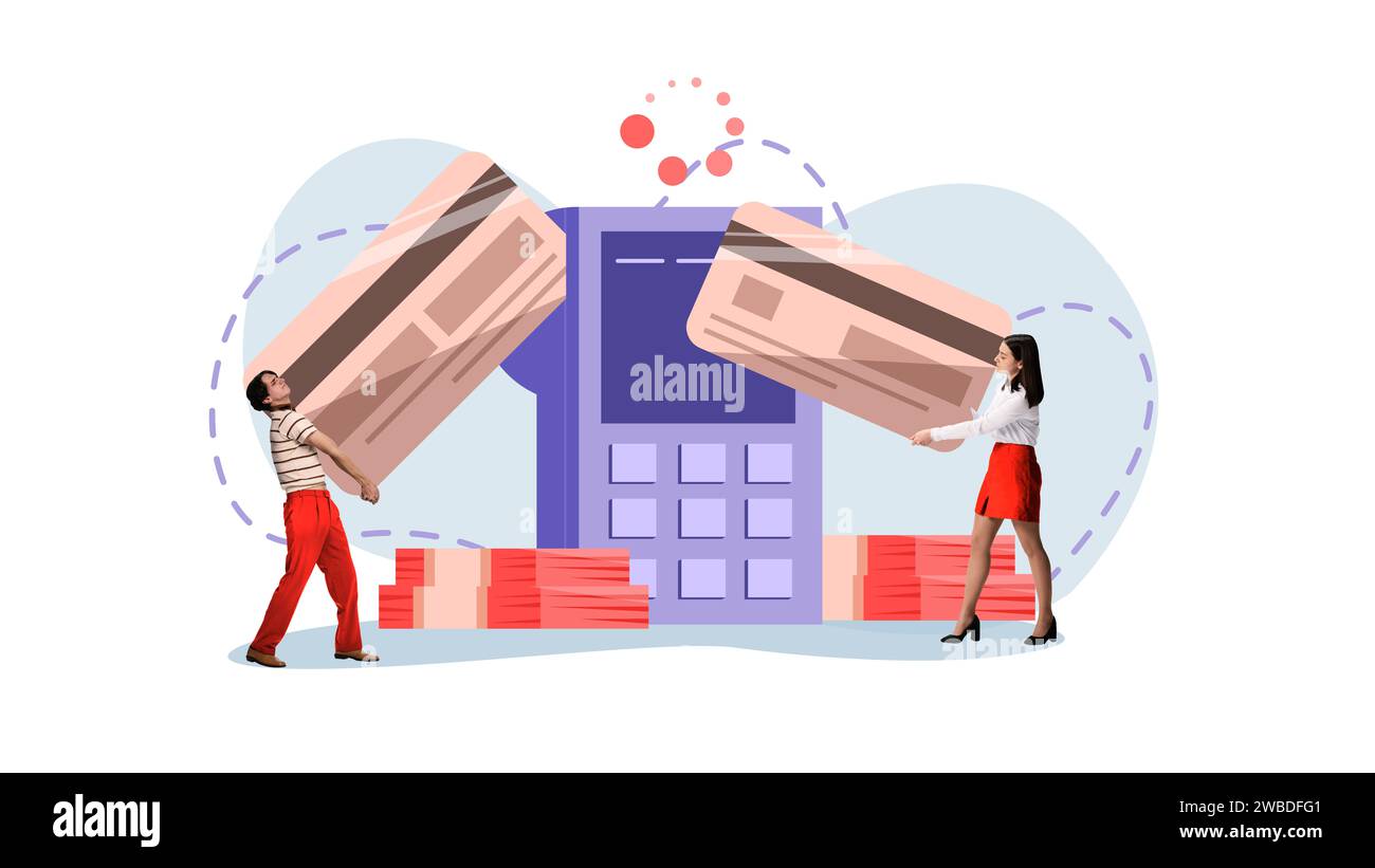 Zeitgenössische Kunstcollage. Bargeld und Sachmittel. Mann und Frau gehen zum Geldautomaten, um Geld auf ihre riesige Bankkarte zu legen. Stockfoto