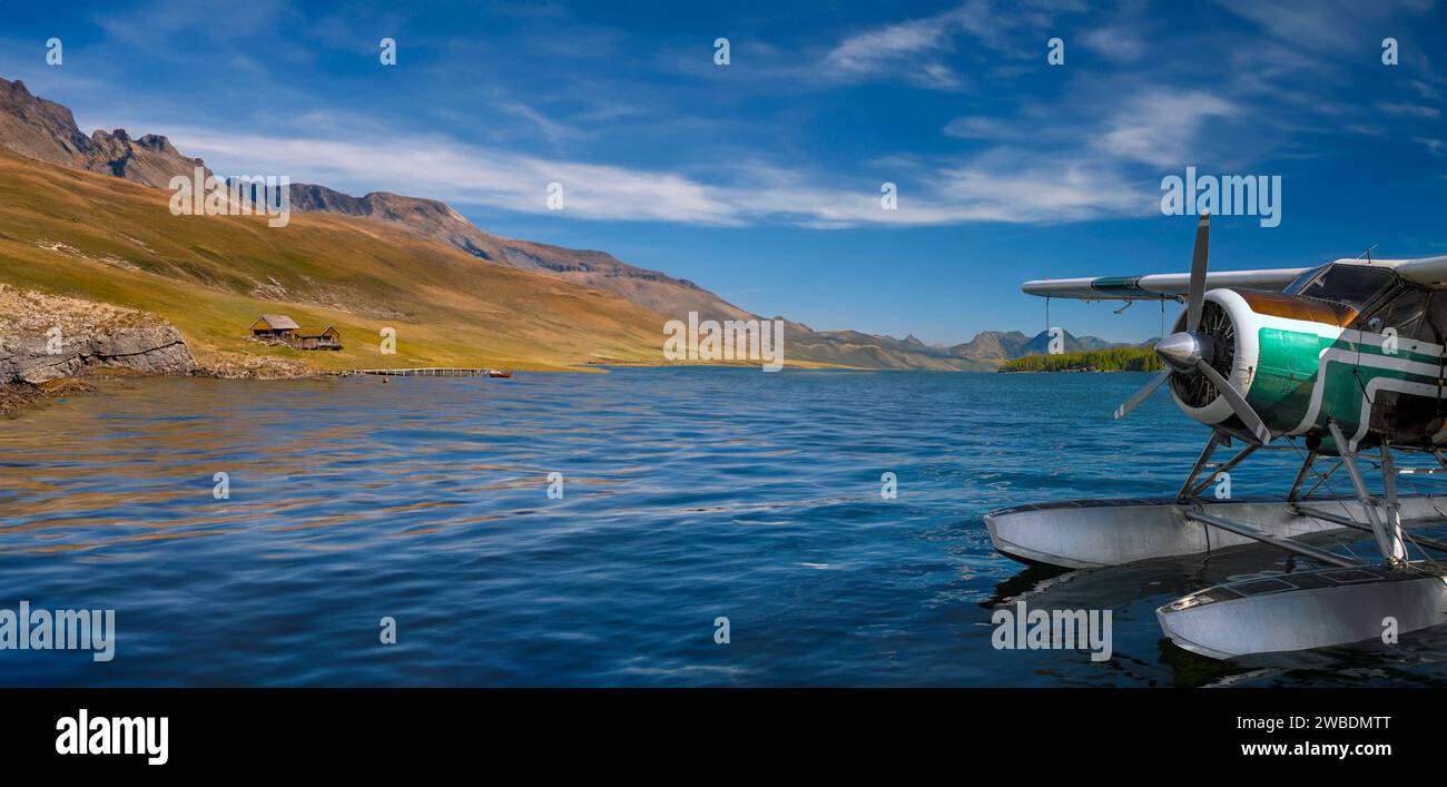 Wasserflugzeug und eine abgelegene Landschaft Alaskas im Sommer. KI generiert. Stockfoto