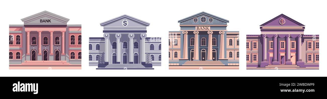Bankgebäude Icons Vektor isoliert auf weiß gesetzt. Stock Vektor